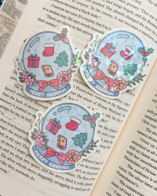Merry Bookmas Snow Globe Holographic Sticker - The Bean Workshop - book lover gift, Bookish Christmas, bookish gift, bookish sticker, Bookworm Christmas, christmas, Christmas Gift, Christmas sticker, die cut sticker, holiday sticker, holographic sticker, reader gift, Secret Santa gift, sticker, vinyl sticker