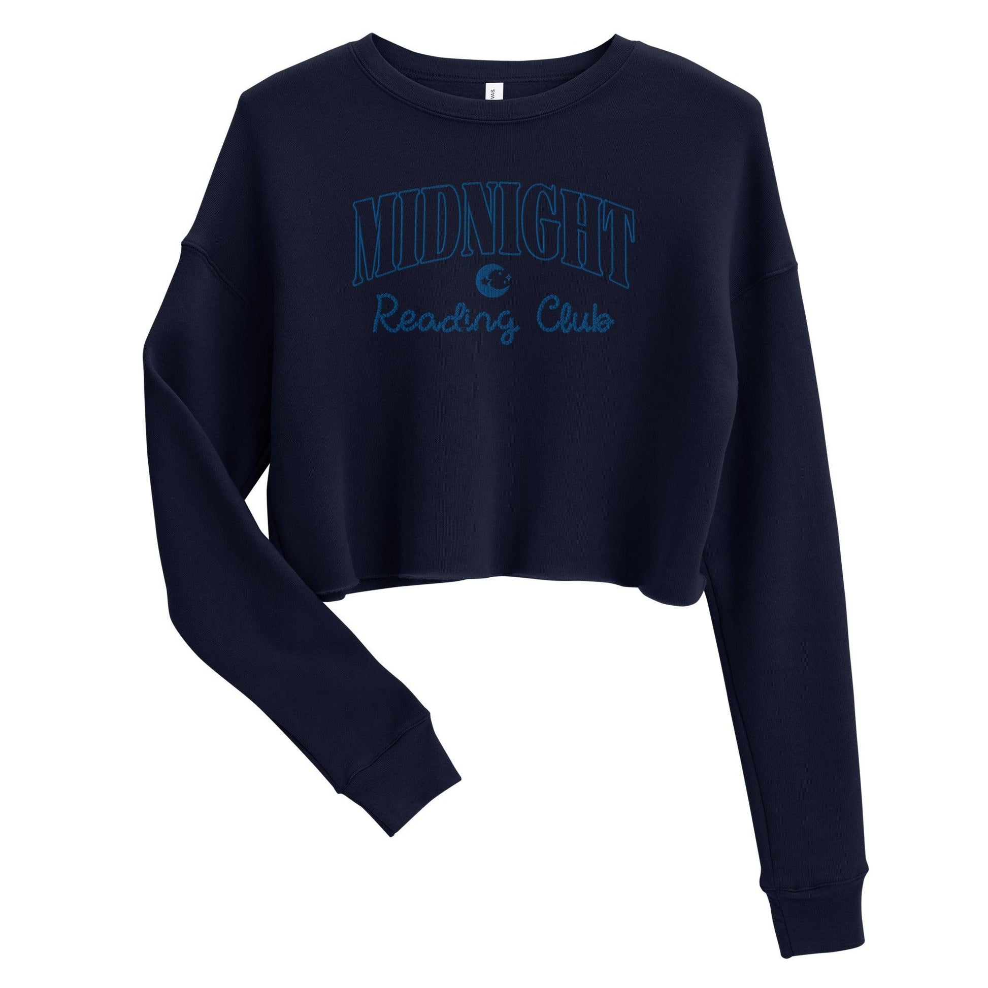 Midnight Reading Club Embroidered Crop Sweatshirt - The Bean Workshop - book lover, bookish, crop top, embroidered, minimalistic, sweatshirt