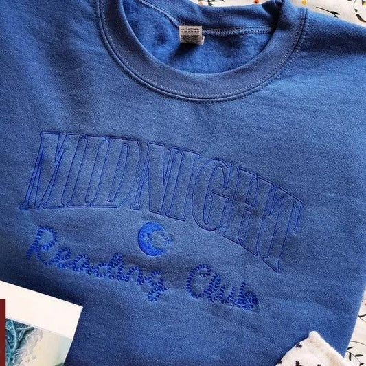 Midnight Reading Club Embroidered Sweatshirt - The Bean Workshop - book lover, bookish, embroidered, minimalistic, read everyday, sweatshirt