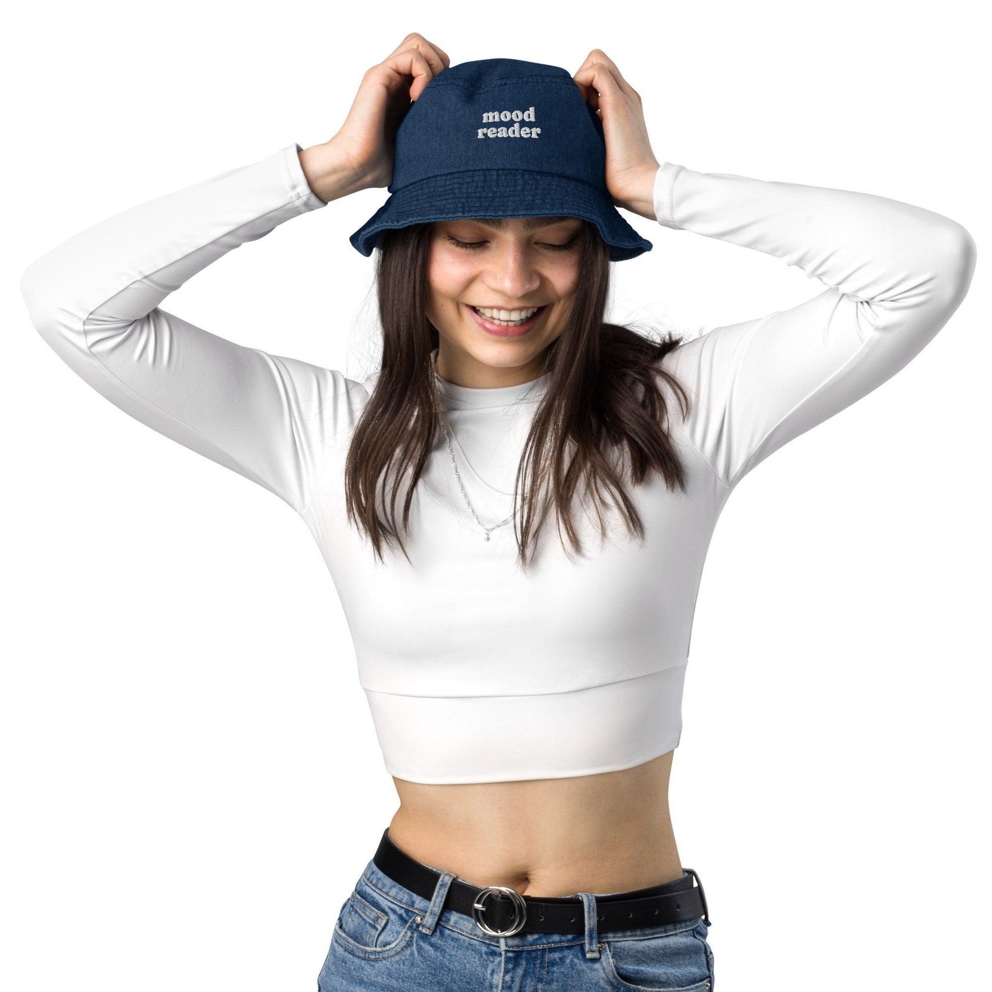 Mood Reader Denim Bucket Hat - The Bean Workshop - book lover, bookish, bucket hat, denim, embroidered, read everyday, reading accessories