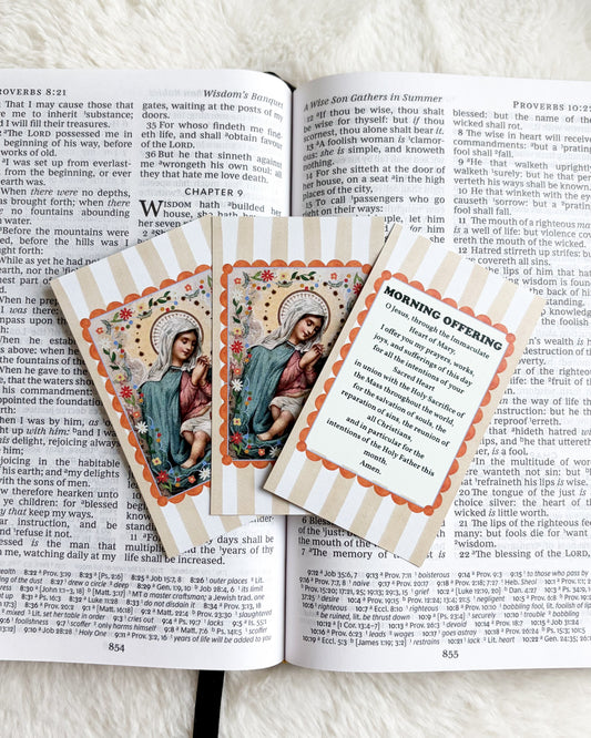 Morning Offering Prayer Card & Bookmark - The Bean Workshop - All Souls Day, archangel, Baptism, Catholic, Catholic kids, children, children's prayer, Confirmation, Confirmation gift, daily prayer, discernment, faith gift, First Communion, guardian angel, Hail Holy Queen, Hail Mary, Holy Family, Holy Spirit, Immaculate Heart, Marian gift, Memorare, Morning Offering, Our Father, Pentecost, prayer card, Sacred Heart, souls in Purgatory, St. Gertrude, St. Joseph, St. Michael, vocation