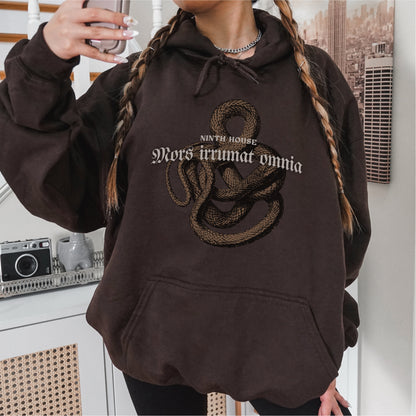 Mors Irrumat Omnia Hoodie - The Bean Workshop - Alex Stern cosplay, Book Lover Gift, Bookish hoodie, Bookworm Hoodie, Coiled Serpent Design, Dark academia style hoodie, Gift for fantasy book readers, Gothic Clothing, Leigh Bardugo fan merchandise, Lethe House, Literary Apparel, Mors Irrumat Omnia hooded sweatshirt, Ninth House hoodie