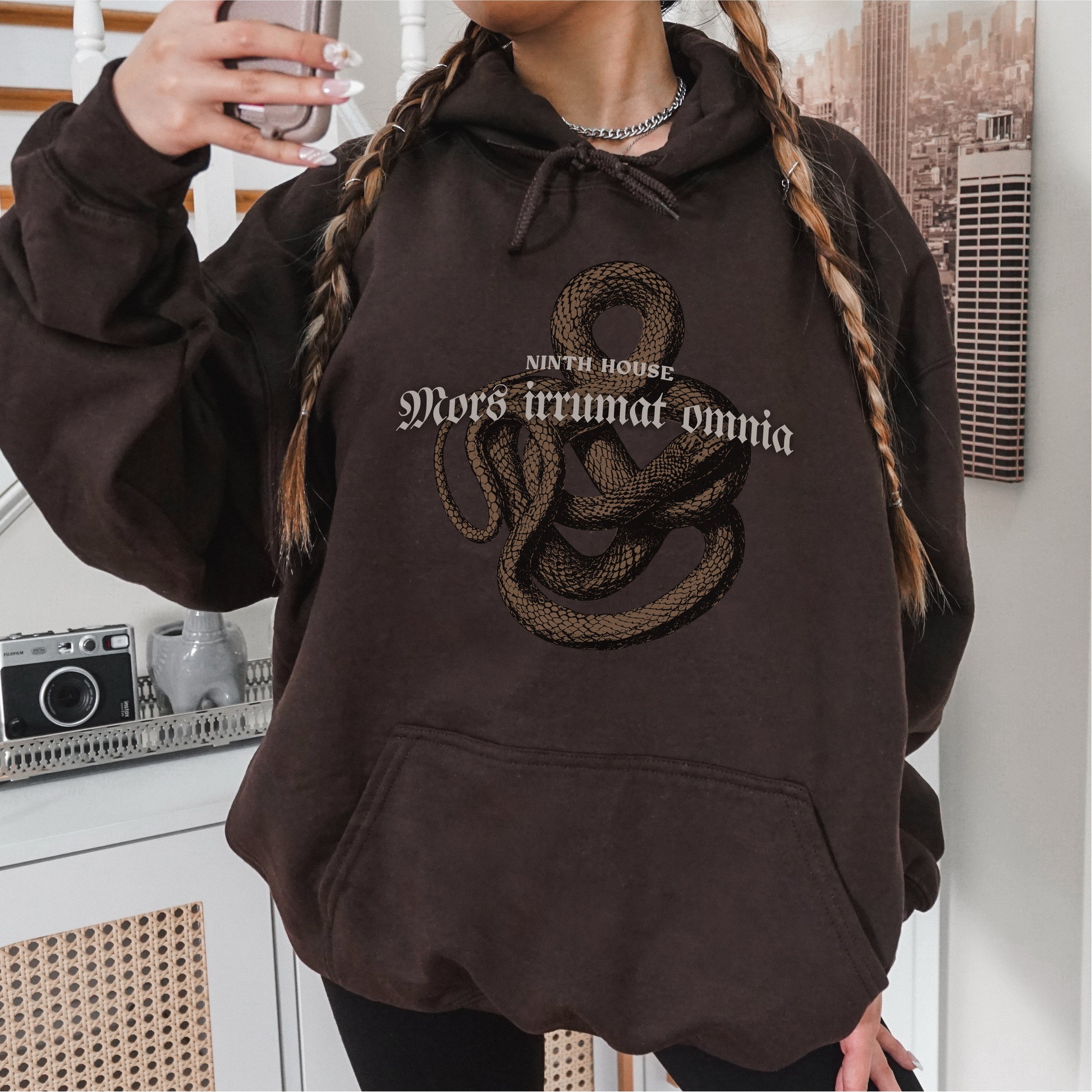 Mors Irrumat Omnia Hoodie - The Bean Workshop - Alex Stern cosplay, Book Lover Gift, Bookish hoodie, Bookworm Hoodie, Coiled Serpent Design, Dark academia style hoodie, Gift for fantasy book readers, Gothic Clothing, Leigh Bardugo fan merchandise, Lethe House, Literary Apparel, Mors Irrumat Omnia hooded sweatshirt, Ninth House hoodie