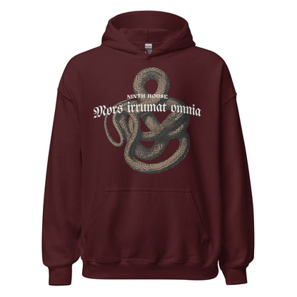 Mors Irrumat Omnia Hoodie - The Bean Workshop - Alex Stern cosplay, Book Lover Gift, Bookish hoodie, Bookworm Hoodie, Coiled Serpent Design, Dark academia style hoodie, Gift for fantasy book readers, Gothic Clothing, Leigh Bardugo fan merchandise, Lethe House, Literary Apparel, Mors Irrumat Omnia hooded sweatshirt, Ninth House hoodie