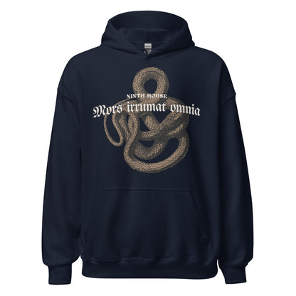 Mors Irrumat Omnia Hoodie - The Bean Workshop - Alex Stern cosplay, Book Lover Gift, Bookish hoodie, Bookworm Hoodie, Coiled Serpent Design, Dark academia style hoodie, Gift for fantasy book readers, Gothic Clothing, Leigh Bardugo fan merchandise, Lethe House, Literary Apparel, Mors Irrumat Omnia hooded sweatshirt, Ninth House hoodie