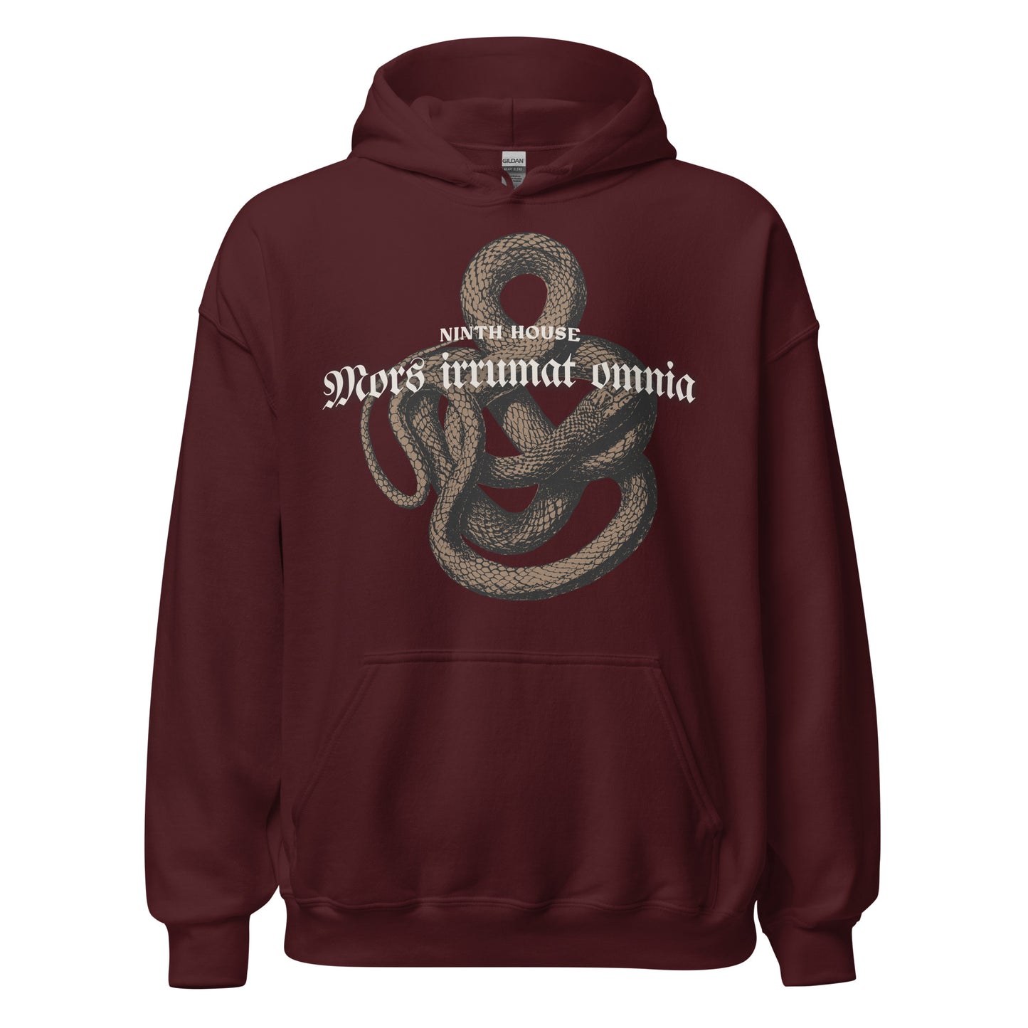Mors Irrumat Omnia Hoodie - The Bean Workshop - Alex Stern cosplay, Book Lover Gift, Bookish hoodie, Bookworm Hoodie, Coiled Serpent Design, Dark academia style hoodie, Gift for fantasy book readers, Gothic Clothing, Leigh Bardugo fan merchandise, Lethe House, Literary Apparel, Mors Irrumat Omnia hooded sweatshirt, Ninth House hoodie