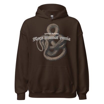 Mors Irrumat Omnia Hoodie - The Bean Workshop - Alex Stern cosplay, Book Lover Gift, Bookish hoodie, Bookworm Hoodie, Coiled Serpent Design, Dark academia style hoodie, Gift for fantasy book readers, Gothic Clothing, Leigh Bardugo fan merchandise, Lethe House, Literary Apparel, Mors Irrumat Omnia hooded sweatshirt, Ninth House hoodie