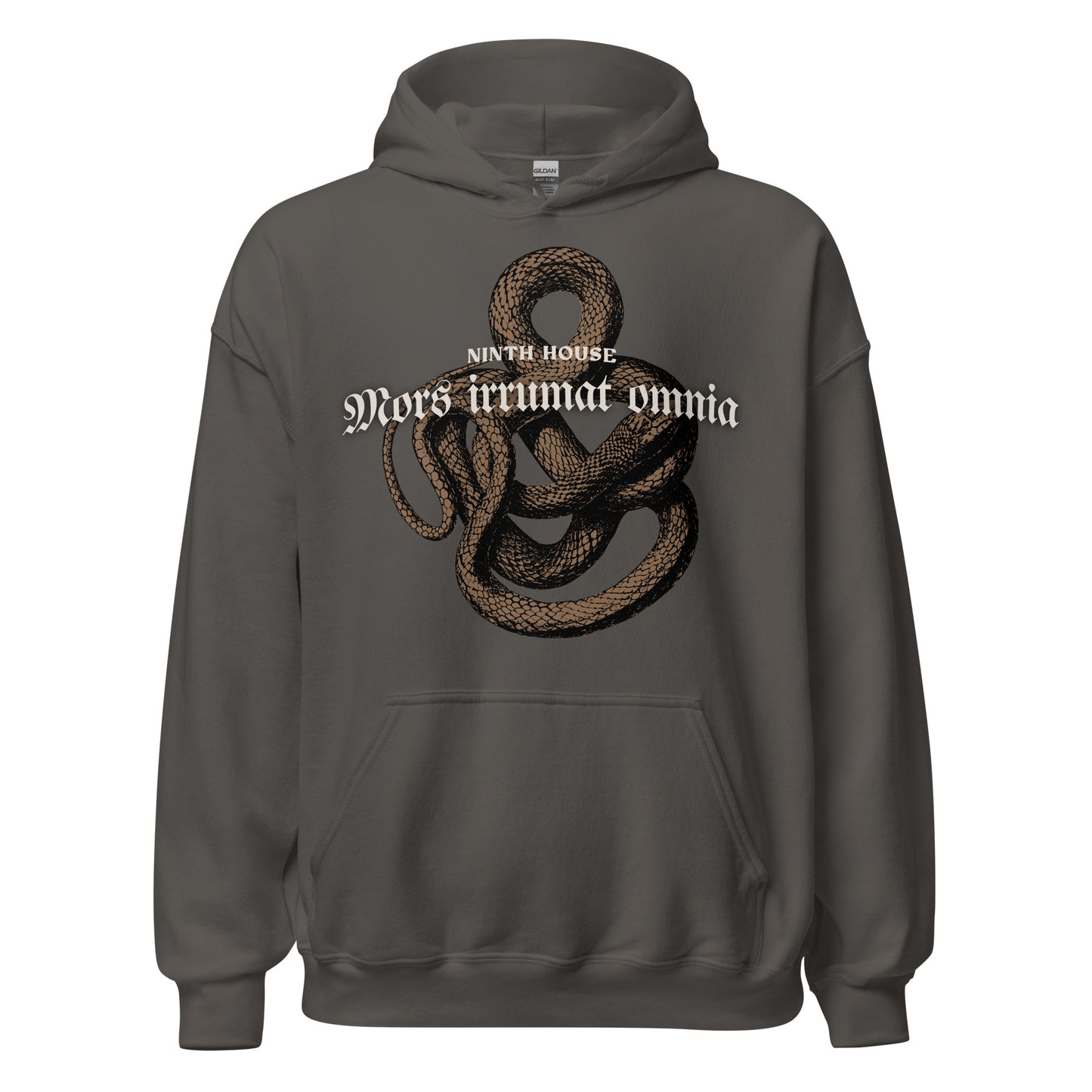 Mors Irrumat Omnia Hoodie - The Bean Workshop - Alex Stern cosplay, Book Lover Gift, Bookish hoodie, Bookworm Hoodie, Coiled Serpent Design, Dark academia style hoodie, Gift for fantasy book readers, Gothic Clothing, Leigh Bardugo fan merchandise, Lethe House, Literary Apparel, Mors Irrumat Omnia hooded sweatshirt, Ninth House hoodie