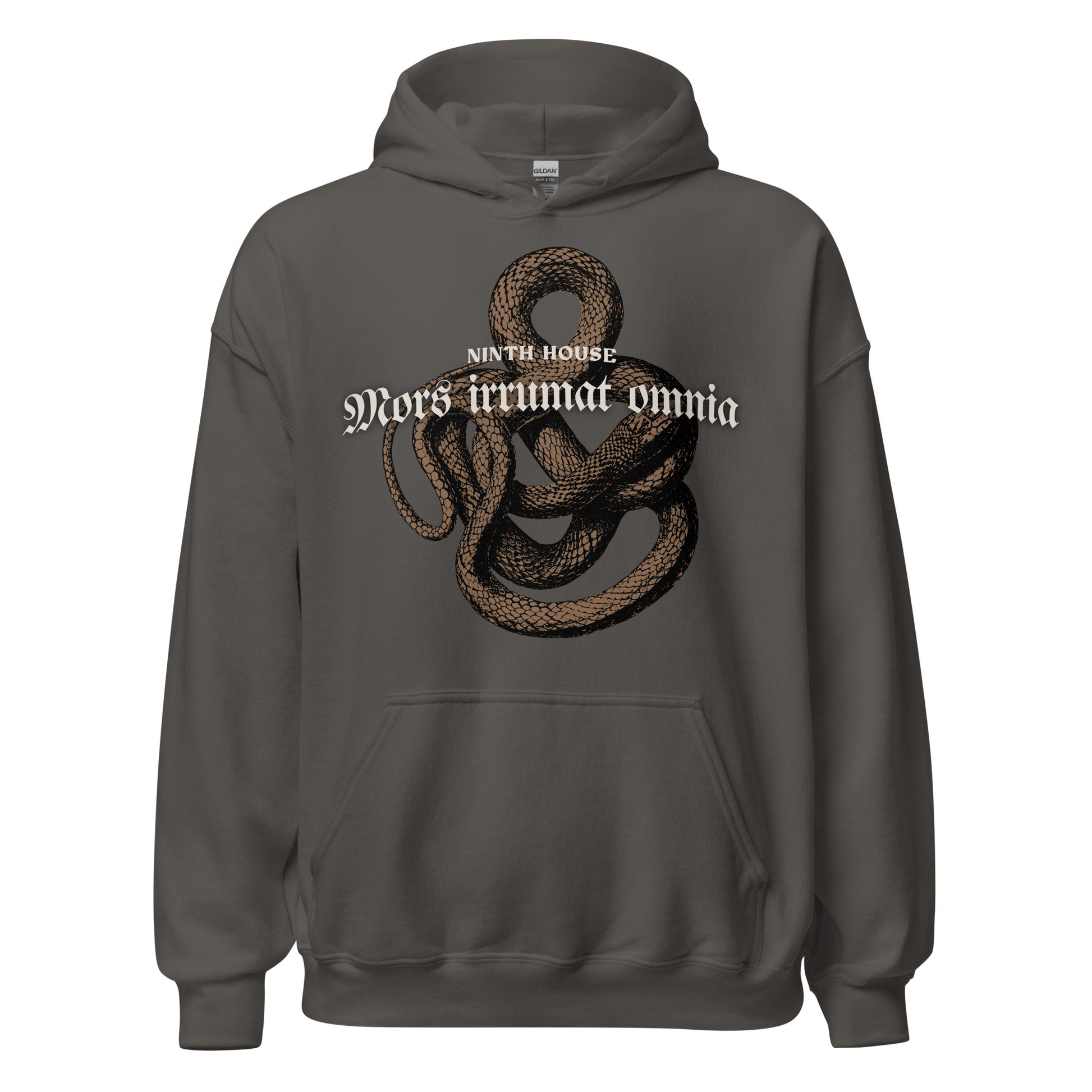Mors Irrumat Omnia Hoodie - The Bean Workshop - Alex Stern cosplay, Book Lover Gift, Bookish hoodie, Bookworm Hoodie, Coiled Serpent Design, Dark academia style hoodie, Gift for fantasy book readers, Gothic Clothing, Leigh Bardugo fan merchandise, Lethe House, Literary Apparel, Mors Irrumat Omnia hooded sweatshirt, Ninth House hoodie