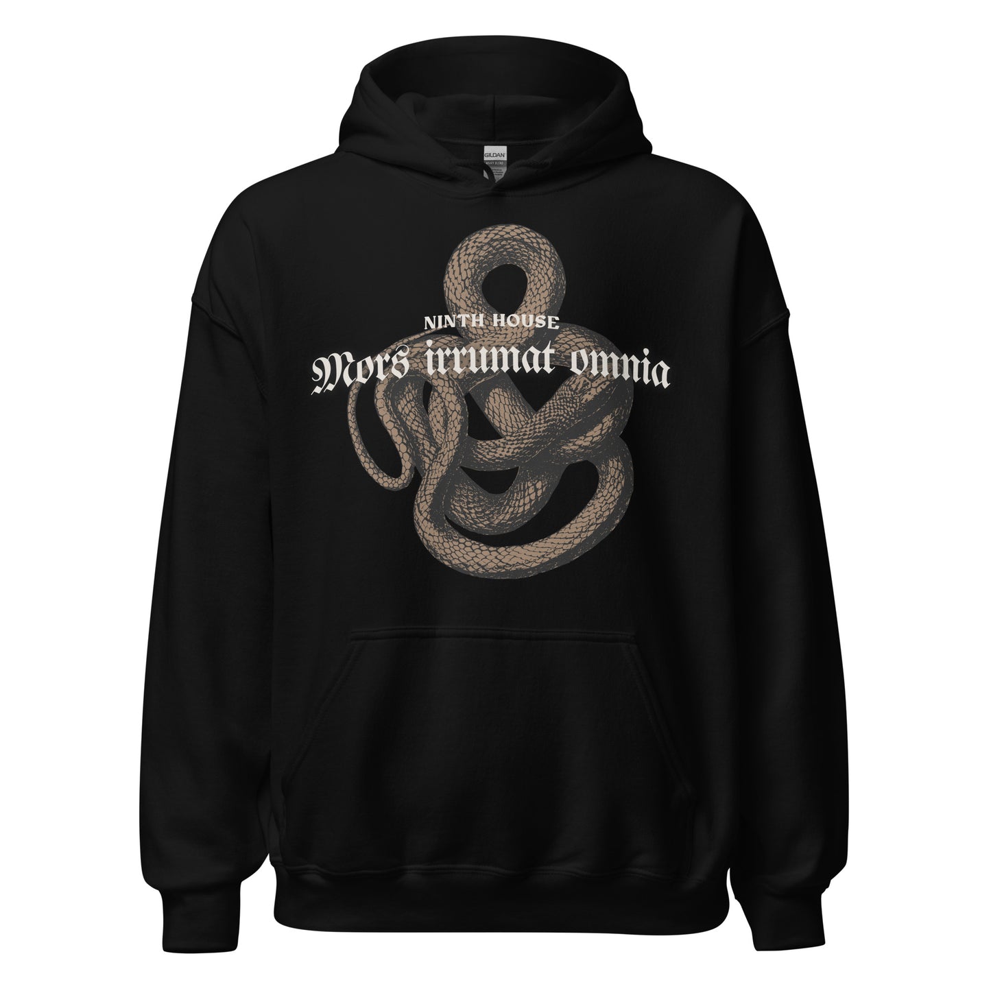 Mors Irrumat Omnia Hoodie - The Bean Workshop - Alex Stern cosplay, Book Lover Gift, Bookish hoodie, Bookworm Hoodie, Coiled Serpent Design, Dark academia style hoodie, Gift for fantasy book readers, Gothic Clothing, Leigh Bardugo fan merchandise, Lethe House, Literary Apparel, Mors Irrumat Omnia hooded sweatshirt, Ninth House hoodie