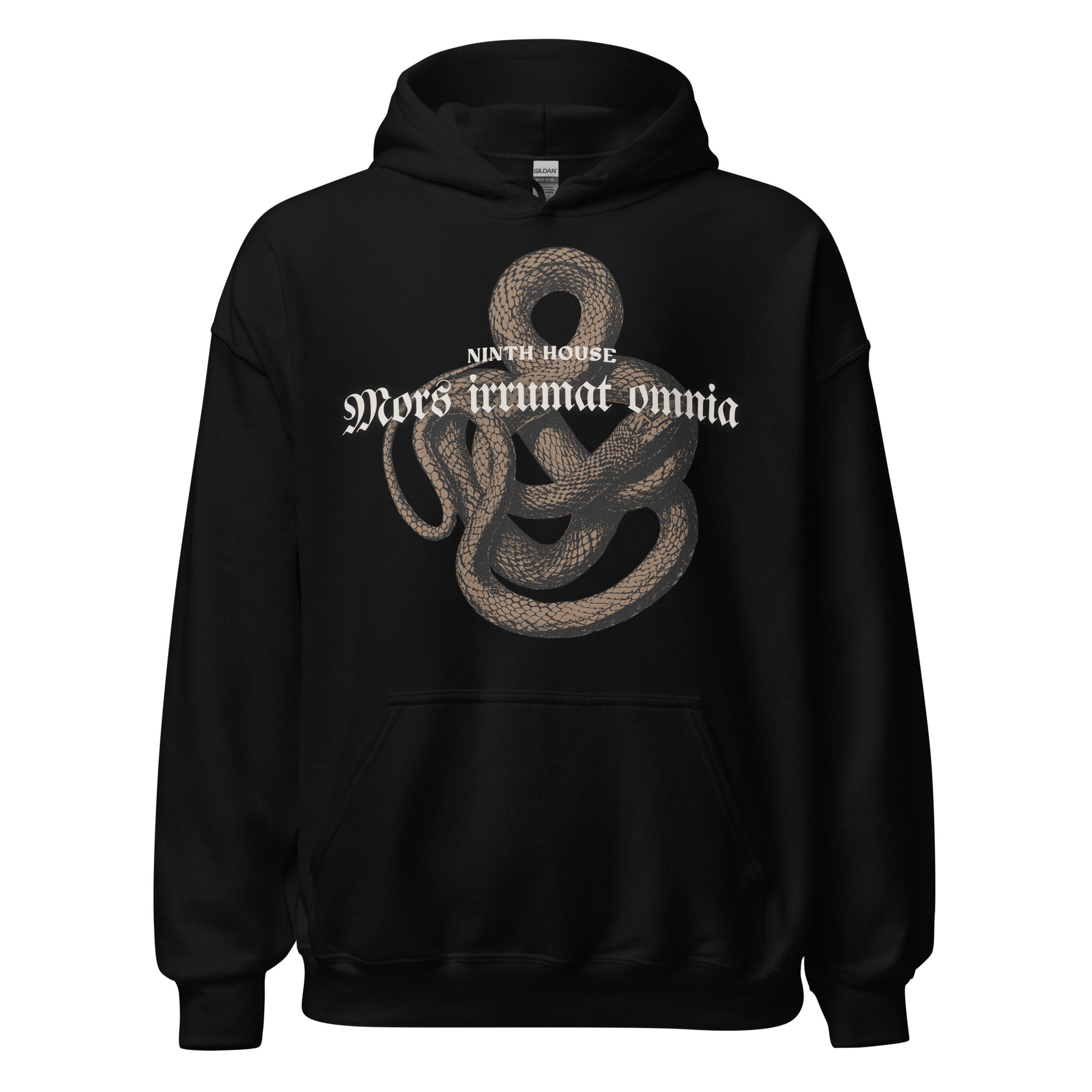 Mors Irrumat Omnia Hoodie - The Bean Workshop - Alex Stern cosplay, Book Lover Gift, Bookish hoodie, Bookworm Hoodie, Coiled Serpent Design, Dark academia style hoodie, Gift for fantasy book readers, Gothic Clothing, Leigh Bardugo fan merchandise, Lethe House, Literary Apparel, Mors Irrumat Omnia hooded sweatshirt, Ninth House hoodie