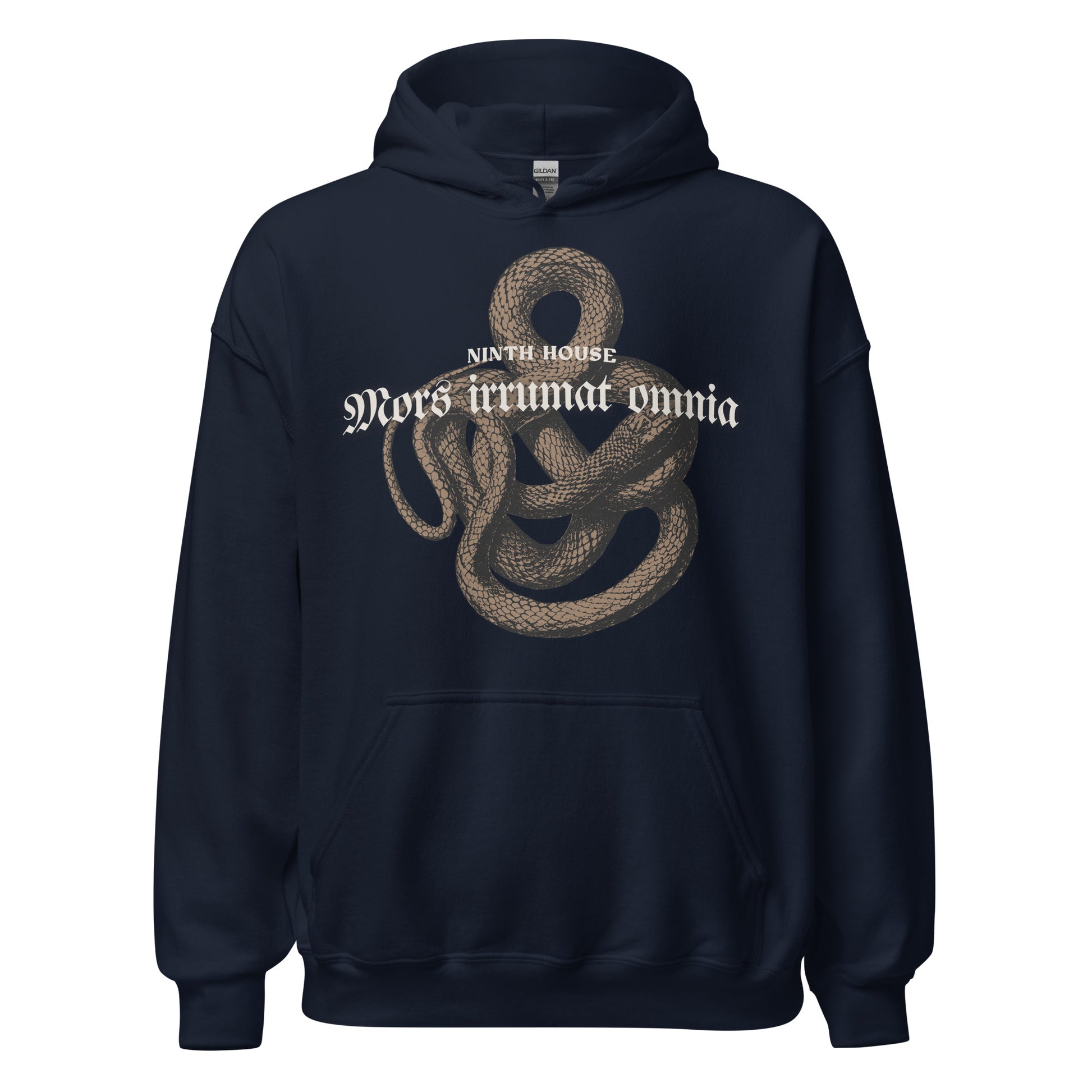 Mors Irrumat Omnia Hoodie - The Bean Workshop - Alex Stern cosplay, Book Lover Gift, Bookish hoodie, Bookworm Hoodie, Coiled Serpent Design, Dark academia style hoodie, Gift for fantasy book readers, Gothic Clothing, Leigh Bardugo fan merchandise, Lethe House, Literary Apparel, Mors Irrumat Omnia hooded sweatshirt, Ninth House hoodie
