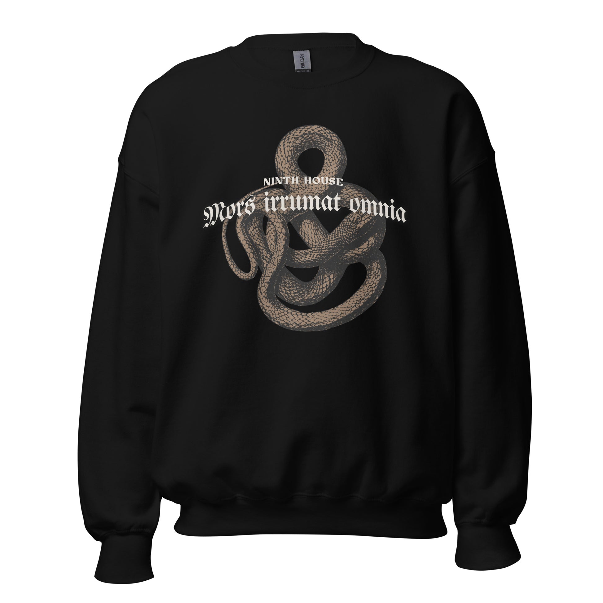 Mors Irrumat Omnia Sweatshirt - The Bean Workshop - Book Club Sweatshirt, Bookworm Apparel, Cozy sweatshirt for book lovers, Dark academia clothing for readers, Fantasy Reader Gift, Gothic Aesthetic, Leigh Bardugo bookish apparel, Lethe House merch, Literary Gift, Mors Irrumat Omnia sweater, Ninth House sweatshirt, Snake Design Sweater, Yale Secret Society