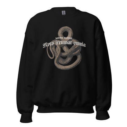 Mors Irrumat Omnia Sweatshirt - The Bean Workshop - Book Club Sweatshirt, Bookworm Apparel, Cozy sweatshirt for book lovers, Dark academia clothing for readers, Fantasy Reader Gift, Gothic Aesthetic, Leigh Bardugo bookish apparel, Lethe House merch, Literary Gift, Mors Irrumat Omnia sweater, Ninth House sweatshirt, Snake Design Sweater, Yale Secret Society