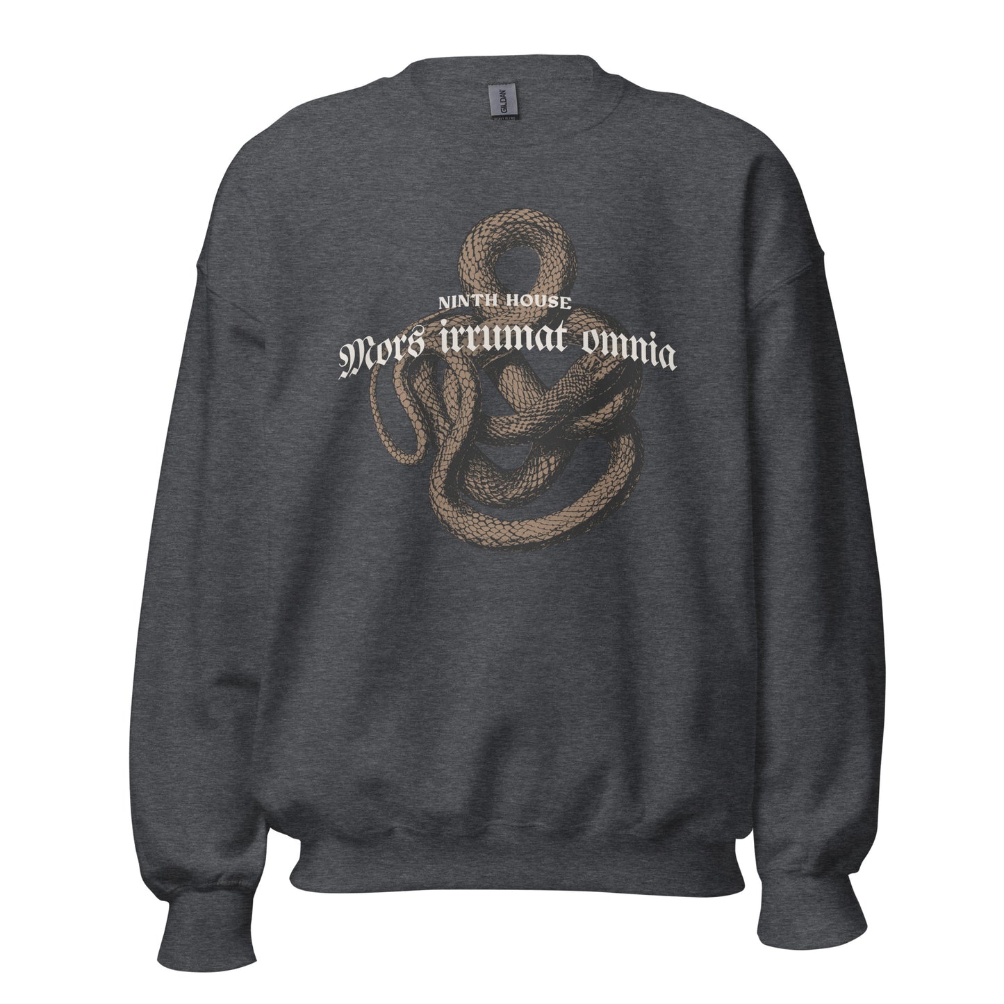 Mors Irrumat Omnia Sweatshirt - The Bean Workshop - Book Club Sweatshirt, Bookworm Apparel, Cozy sweatshirt for book lovers, Dark academia clothing for readers, Fantasy Reader Gift, Gothic Aesthetic, Leigh Bardugo bookish apparel, Lethe House merch, Literary Gift, Mors Irrumat Omnia sweater, Ninth House sweatshirt, Snake Design Sweater, Yale Secret Society