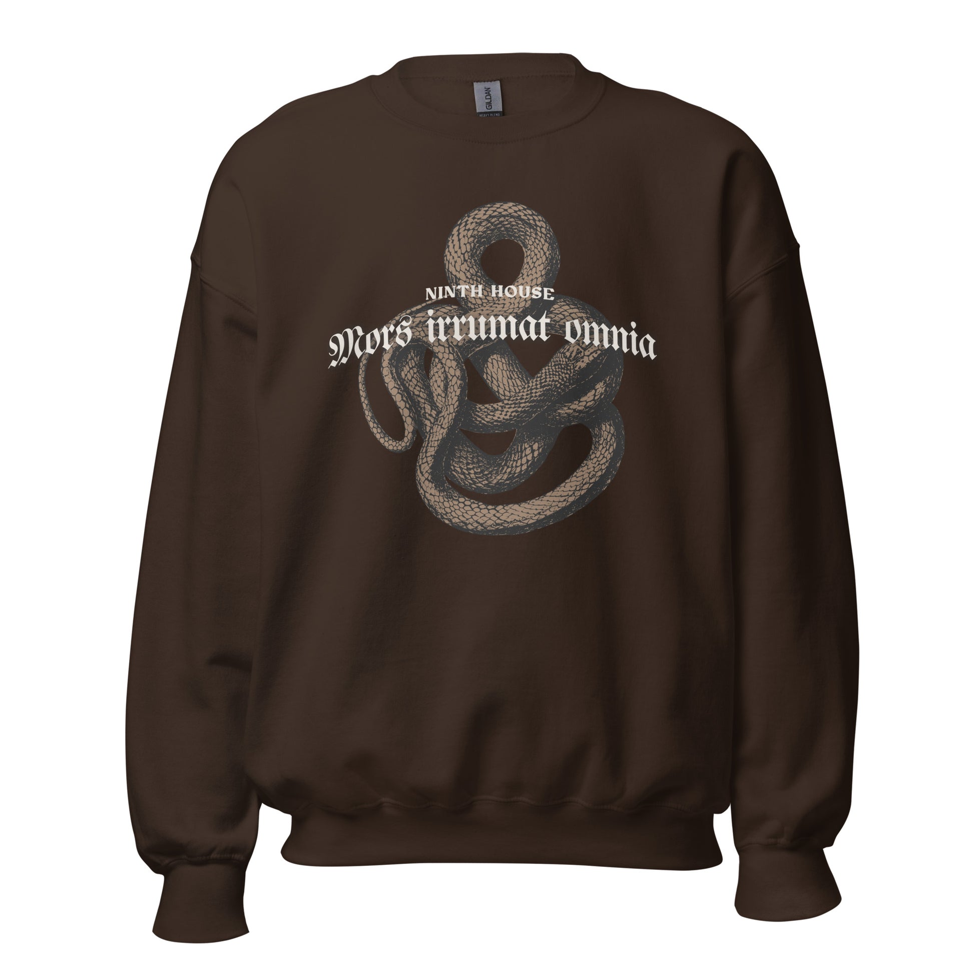 Mors Irrumat Omnia Sweatshirt - The Bean Workshop - Book Club Sweatshirt, Bookworm Apparel, Cozy sweatshirt for book lovers, Dark academia clothing for readers, Fantasy Reader Gift, Gothic Aesthetic, Leigh Bardugo bookish apparel, Lethe House merch, Literary Gift, Mors Irrumat Omnia sweater, Ninth House sweatshirt, Snake Design Sweater, Yale Secret Society