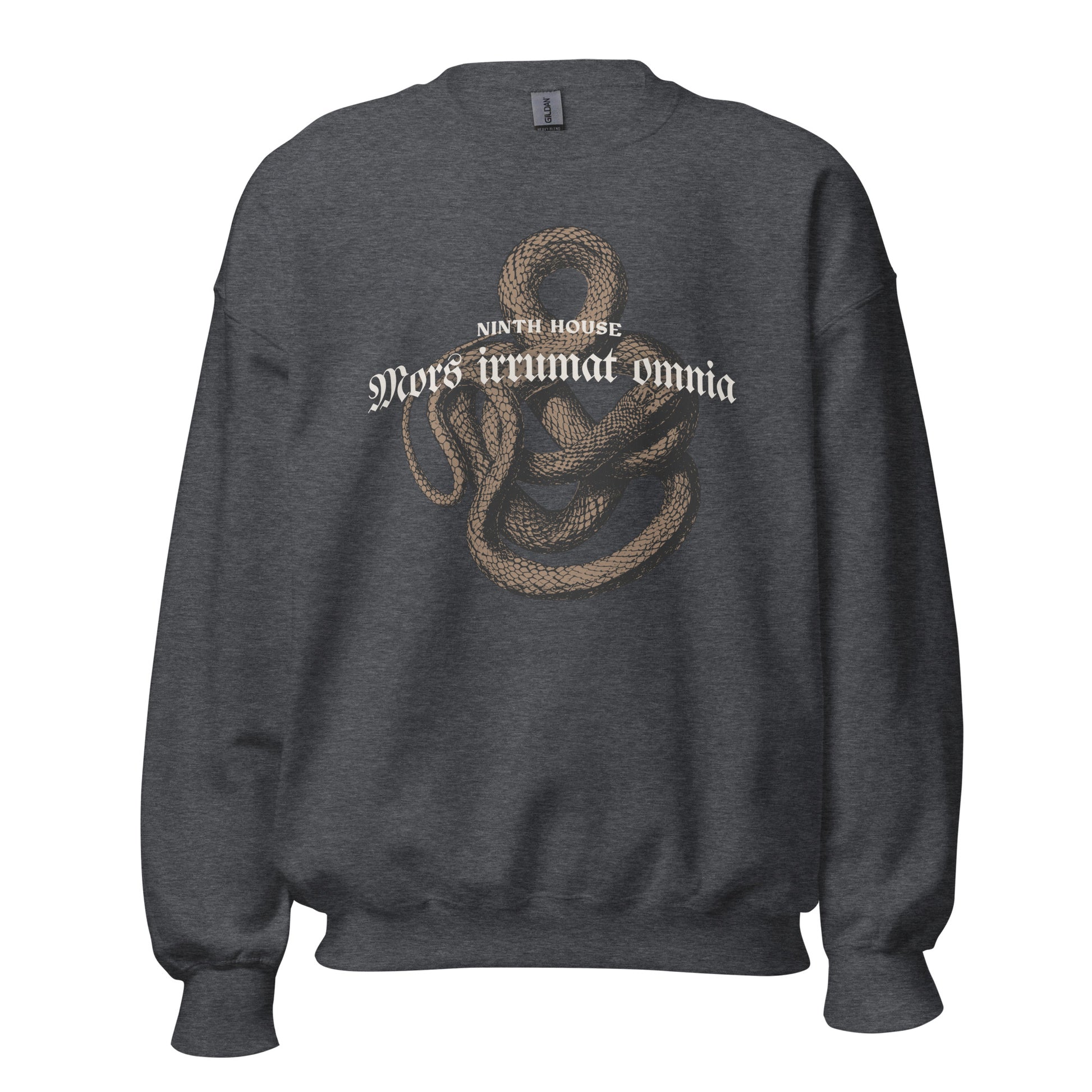 Mors Irrumat Omnia Sweatshirt - The Bean Workshop - Book Club Sweatshirt, Bookworm Apparel, Cozy sweatshirt for book lovers, Dark academia clothing for readers, Fantasy Reader Gift, Gothic Aesthetic, Leigh Bardugo bookish apparel, Lethe House merch, Literary Gift, Mors Irrumat Omnia sweater, Ninth House sweatshirt, Snake Design Sweater, Yale Secret Society
