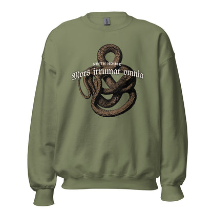 Mors Irrumat Omnia Sweatshirt - The Bean Workshop - Book Club Sweatshirt, Bookworm Apparel, Cozy sweatshirt for book lovers, Dark academia clothing for readers, Fantasy Reader Gift, Gothic Aesthetic, Leigh Bardugo bookish apparel, Lethe House merch, Literary Gift, Mors Irrumat Omnia sweater, Ninth House sweatshirt, Snake Design Sweater, Yale Secret Society