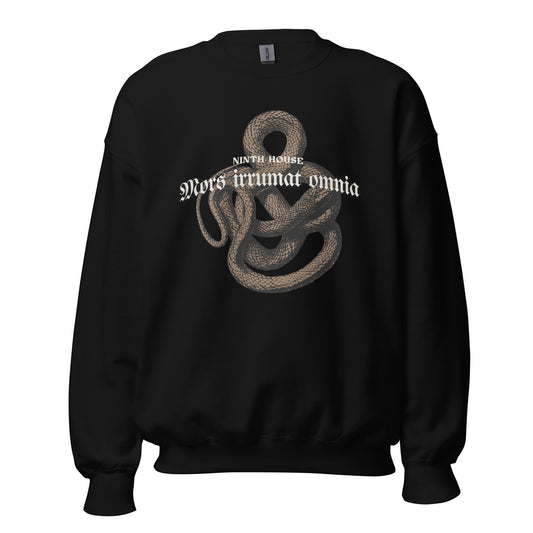 Mors Irrumat Omnia Sweatshirt - The Bean Workshop - Book Club Sweatshirt, Bookworm Apparel, Cozy sweatshirt for book lovers, Dark academia clothing for readers, Fantasy Reader Gift, Gothic Aesthetic, Leigh Bardugo bookish apparel, Lethe House merch, Literary Gift, Mors Irrumat Omnia sweater, Ninth House sweatshirt, Snake Design Sweater, Yale Secret Society