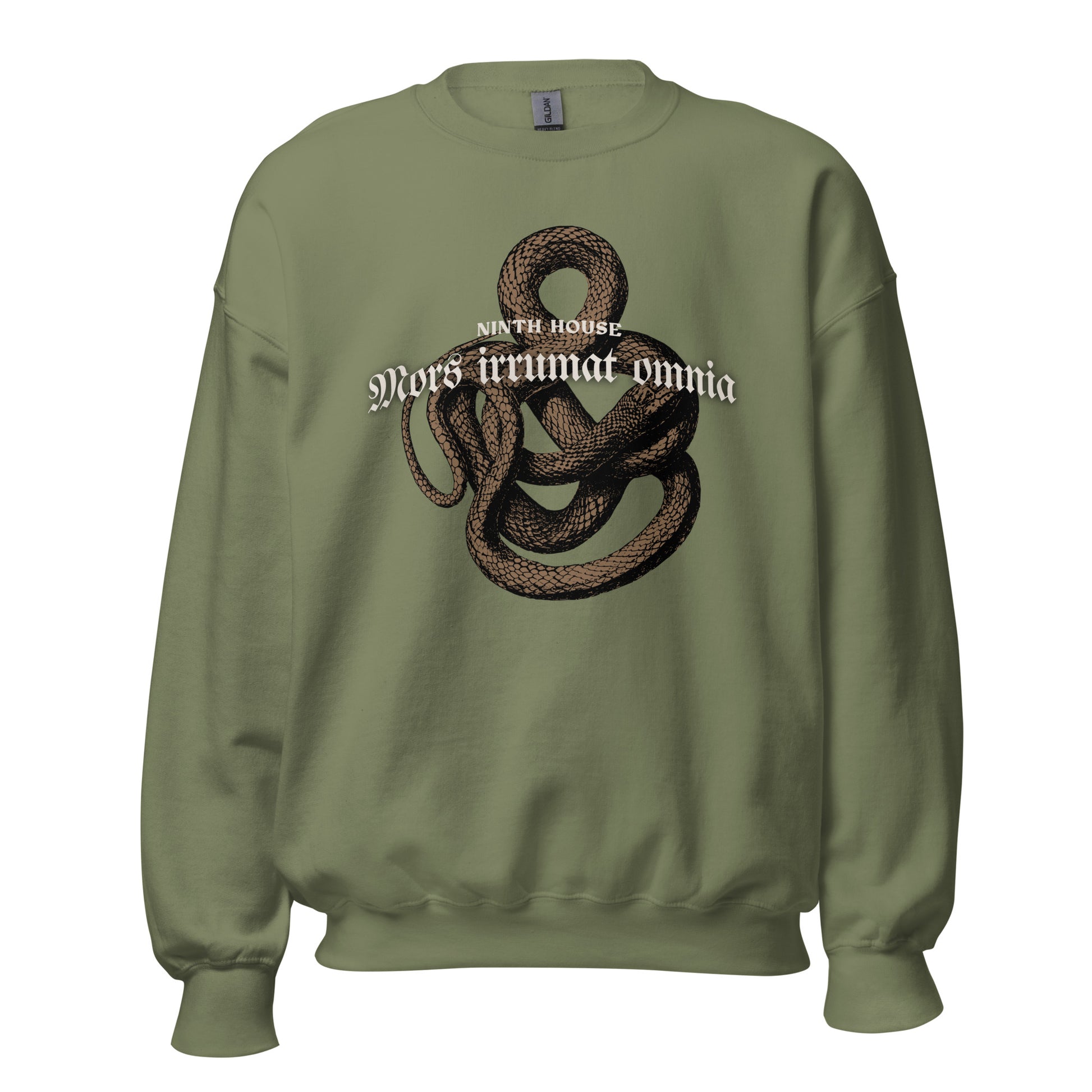 Mors Irrumat Omnia Sweatshirt - The Bean Workshop - Book Club Sweatshirt, Bookworm Apparel, Cozy sweatshirt for book lovers, Dark academia clothing for readers, Fantasy Reader Gift, Gothic Aesthetic, Leigh Bardugo bookish apparel, Lethe House merch, Literary Gift, Mors Irrumat Omnia sweater, Ninth House sweatshirt, Snake Design Sweater, Yale Secret Society