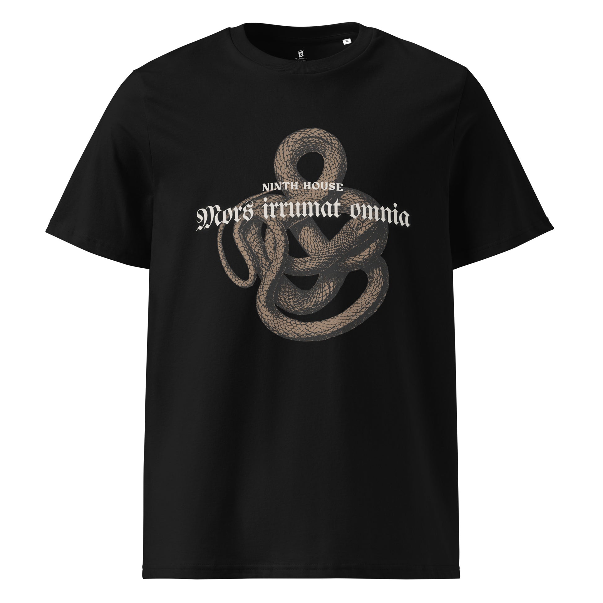 Mors Irrumat Omnia T-Shirt - The Bean Workshop - Book lover gift, Casual reader outfit, Dark Academia, Dark academia fantasy book merch, Gothic Aesthetic, Latin Quote., Leigh Bardugo Merch, Lethe House shirt, Mors Irrumat Omnia shirt for readers, Ninth House Leigh Bardugo t-shirt, Ninth House T-shirt, Ouroboros Shirt, Snake Design