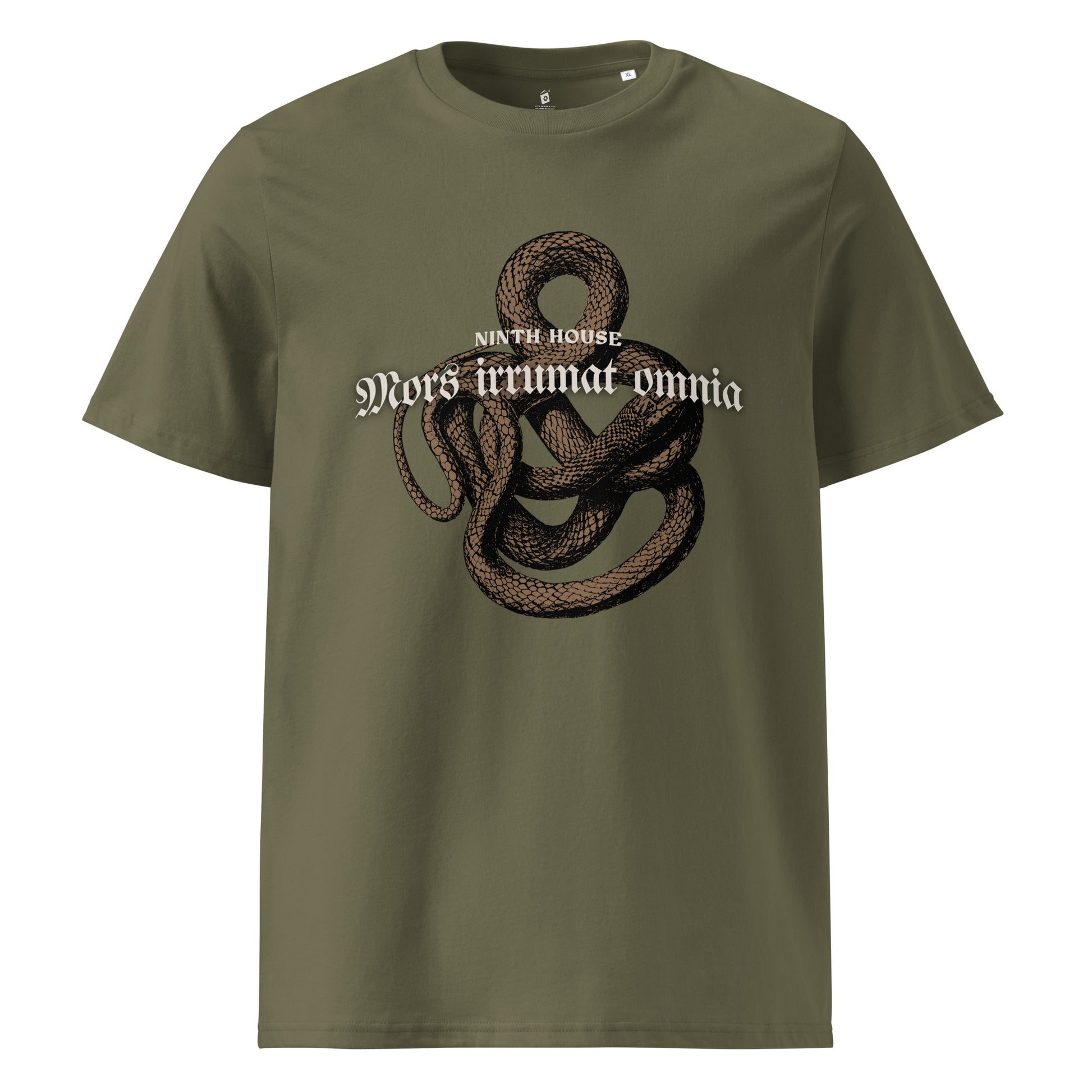 Mors Irrumat Omnia T-Shirt - The Bean Workshop - Book lover gift, Casual reader outfit, Dark Academia, Dark academia fantasy book merch, Gothic Aesthetic, Latin Quote., Leigh Bardugo Merch, Lethe House shirt, Mors Irrumat Omnia shirt for readers, Ninth House Leigh Bardugo t-shirt, Ninth House T-shirt, Ouroboros Shirt, Snake Design