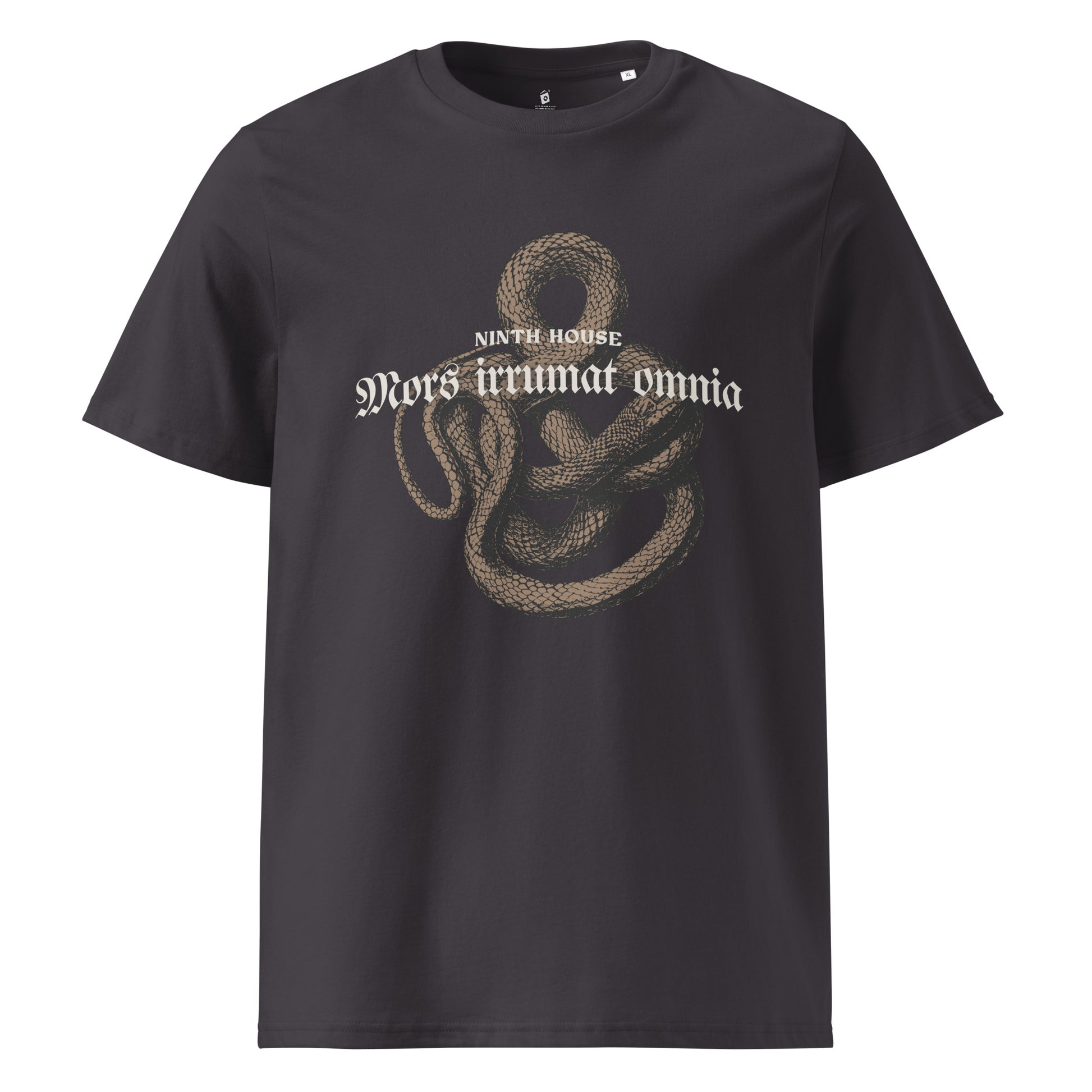 Mors Irrumat Omnia T-Shirt - The Bean Workshop - Book lover gift, Casual reader outfit, Dark Academia, Dark academia fantasy book merch, Gothic Aesthetic, Latin Quote., Leigh Bardugo Merch, Lethe House shirt, Mors Irrumat Omnia shirt for readers, Ninth House Leigh Bardugo t-shirt, Ninth House T-shirt, Ouroboros Shirt, Snake Design