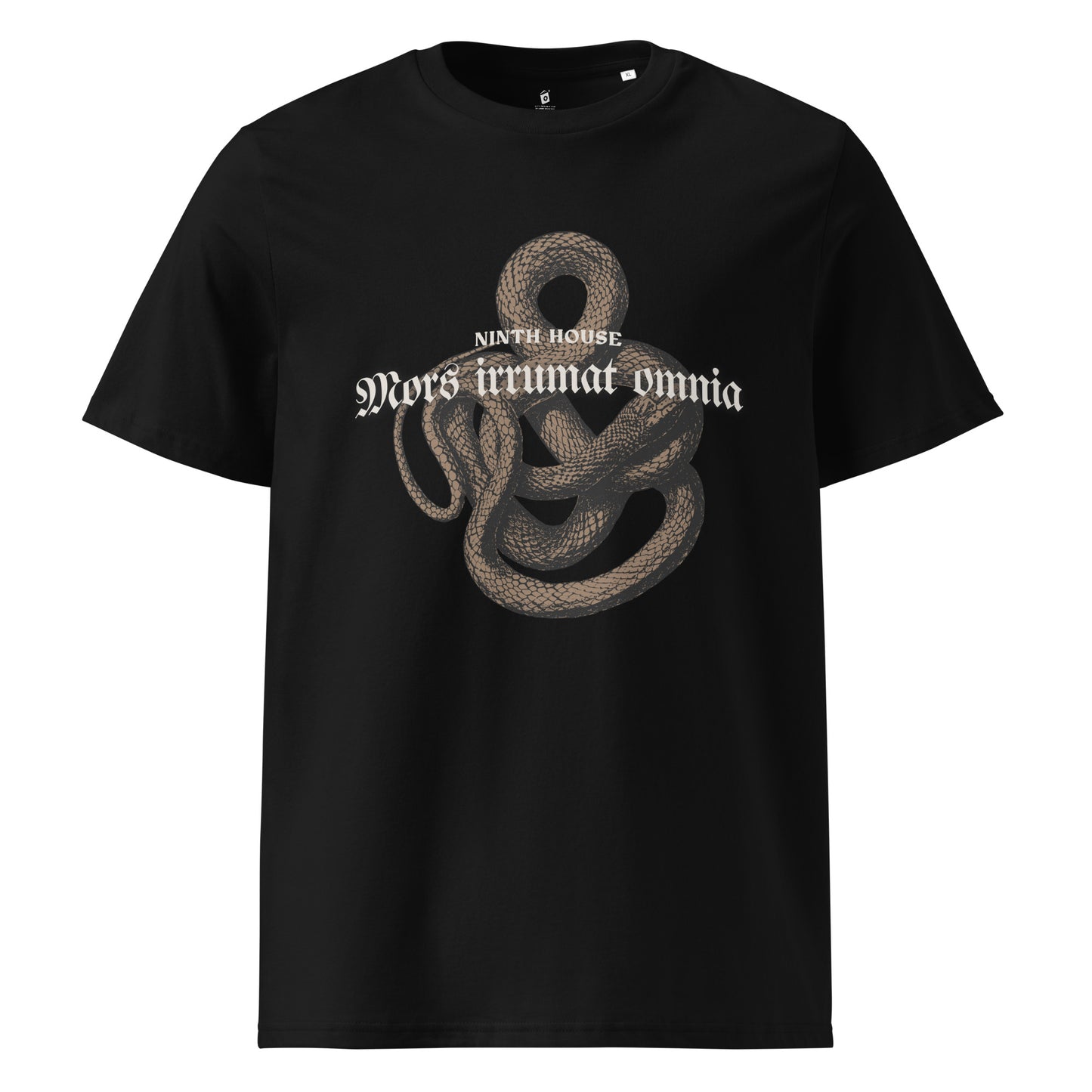 Mors Irrumat Omnia T-Shirt - The Bean Workshop - Book lover gift, Casual reader outfit, Dark Academia, Dark academia fantasy book merch, Gothic Aesthetic, Latin Quote., Leigh Bardugo Merch, Lethe House shirt, Mors Irrumat Omnia shirt for readers, Ninth House Leigh Bardugo t-shirt, Ninth House T-shirt, Ouroboros Shirt, Snake Design