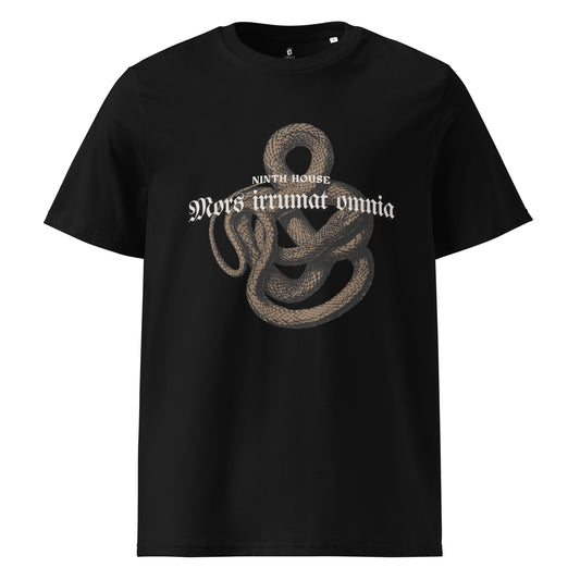 Mors Irrumat Omnia T-Shirt - The Bean Workshop - Book lover gift, Casual reader outfit, Dark Academia, Dark academia fantasy book merch, Gothic Aesthetic, Latin Quote., Leigh Bardugo Merch, Lethe House shirt, Mors Irrumat Omnia shirt for readers, Ninth House Leigh Bardugo t-shirt, Ninth House T-shirt, Ouroboros Shirt, Snake Design