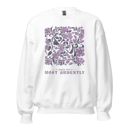 Most Ardently Sweatshirt - The Bean Workshop - Coquette, Detailed Illustration, Floral Pattern, Jane Austen, Lazy Sunday, Literary Gift, Most Ardently Cozy Lavender Sweatshirt, Pride and Prejudice, Purple Aesthetic, Reader Lifestyle, Romantic, Soft Girl Aesthetic Reading Apparel, Sweatshirt