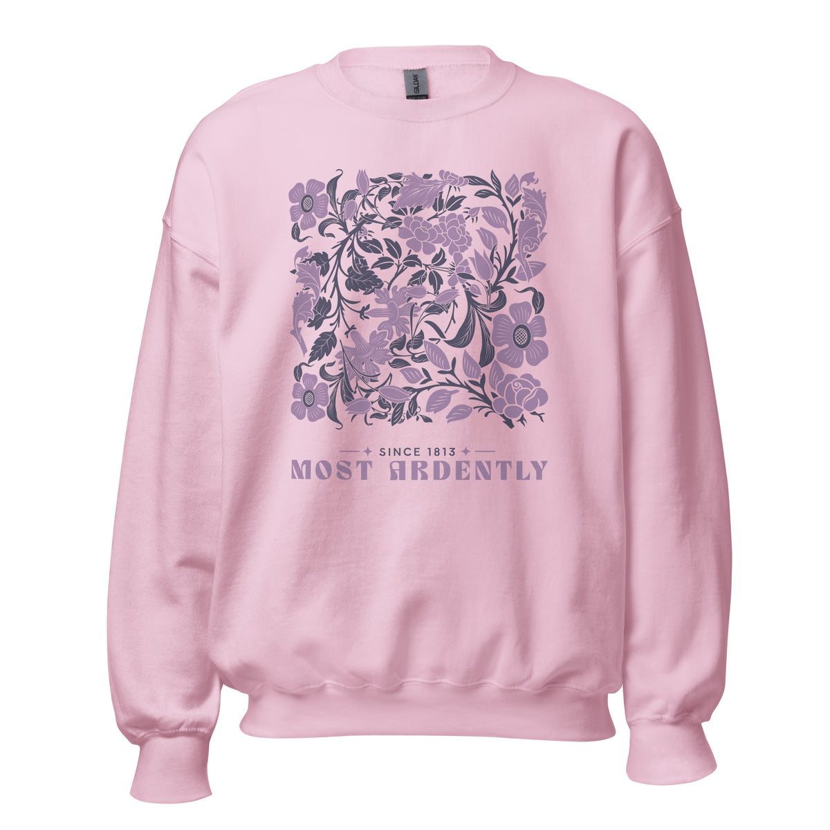 Most Ardently Sweatshirt - The Bean Workshop - Coquette, Detailed Illustration, Floral Pattern, Jane Austen, Lazy Sunday, Literary Gift, Most Ardently Cozy Lavender Sweatshirt, Pride and Prejudice, Purple Aesthetic, Reader Lifestyle, Romantic, Soft Girl Aesthetic Reading Apparel, Sweatshirt