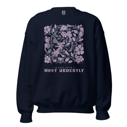 Most Ardently Sweatshirt - The Bean Workshop - Coquette, Detailed Illustration, Floral Pattern, Jane Austen, Lazy Sunday, Literary Gift, Most Ardently Cozy Lavender Sweatshirt, Pride and Prejudice, Purple Aesthetic, Reader Lifestyle, Romantic, Soft Girl Aesthetic Reading Apparel, Sweatshirt