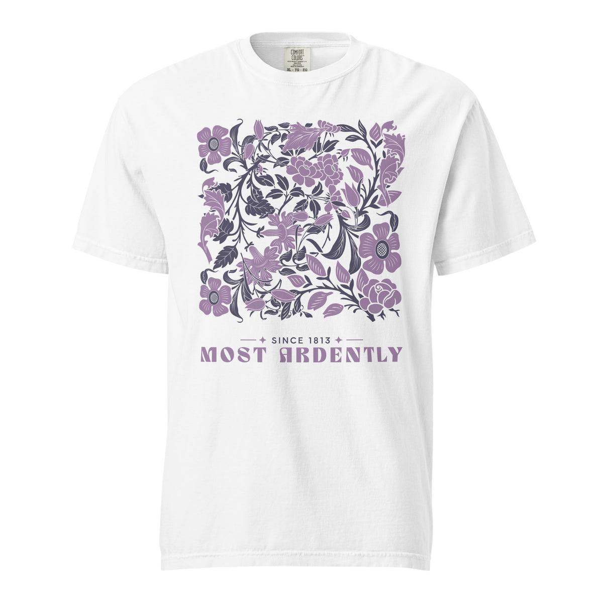 Most Ardently T-shirt - The Bean Workshop - Austenites, Bookstore Visit, Coquette, Cottagecore, Jane Austen, Most Ardently Floral T-shirt for Her, Pride and Prejudice, Purple Botanical, Romantic Literary Gift for Readers, Since 1813, Summer Outing, T-shirt, Vintage Linework