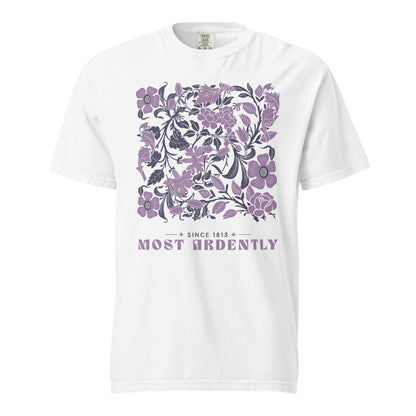 Most Ardently T-shirt - The Bean Workshop - Austenites, Bookstore Visit, Coquette, Cottagecore, Jane Austen, Most Ardently Floral T-shirt for Her, Pride and Prejudice, Purple Botanical, Romantic Literary Gift for Readers, Since 1813, Summer Outing, T-shirt, Vintage Linework