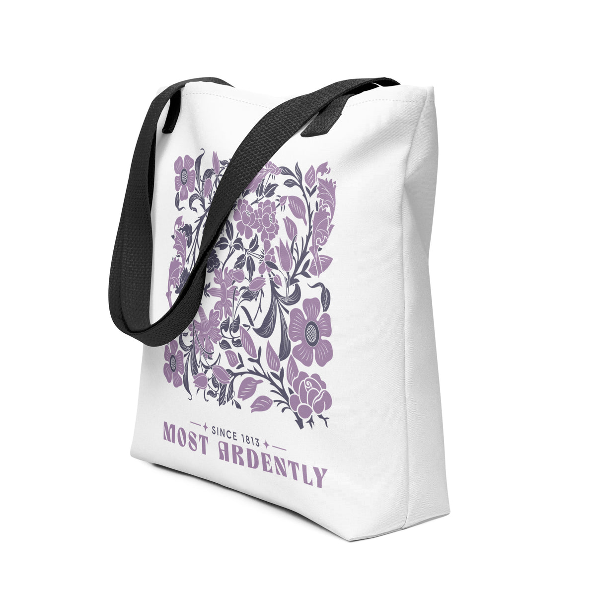 Most Ardently Tote bag - The Bean Workshop - Aesthetic, Bookish Accessory, Jane Austen, Janeite, Market Shopping, Most Ardently Floral Canvas Tote Bag, Pride and Prejudice, Purple Botanical, Reusable Library Bag for Bookworms, Romantic Design, School Supplies, Tote Bag, Vintage