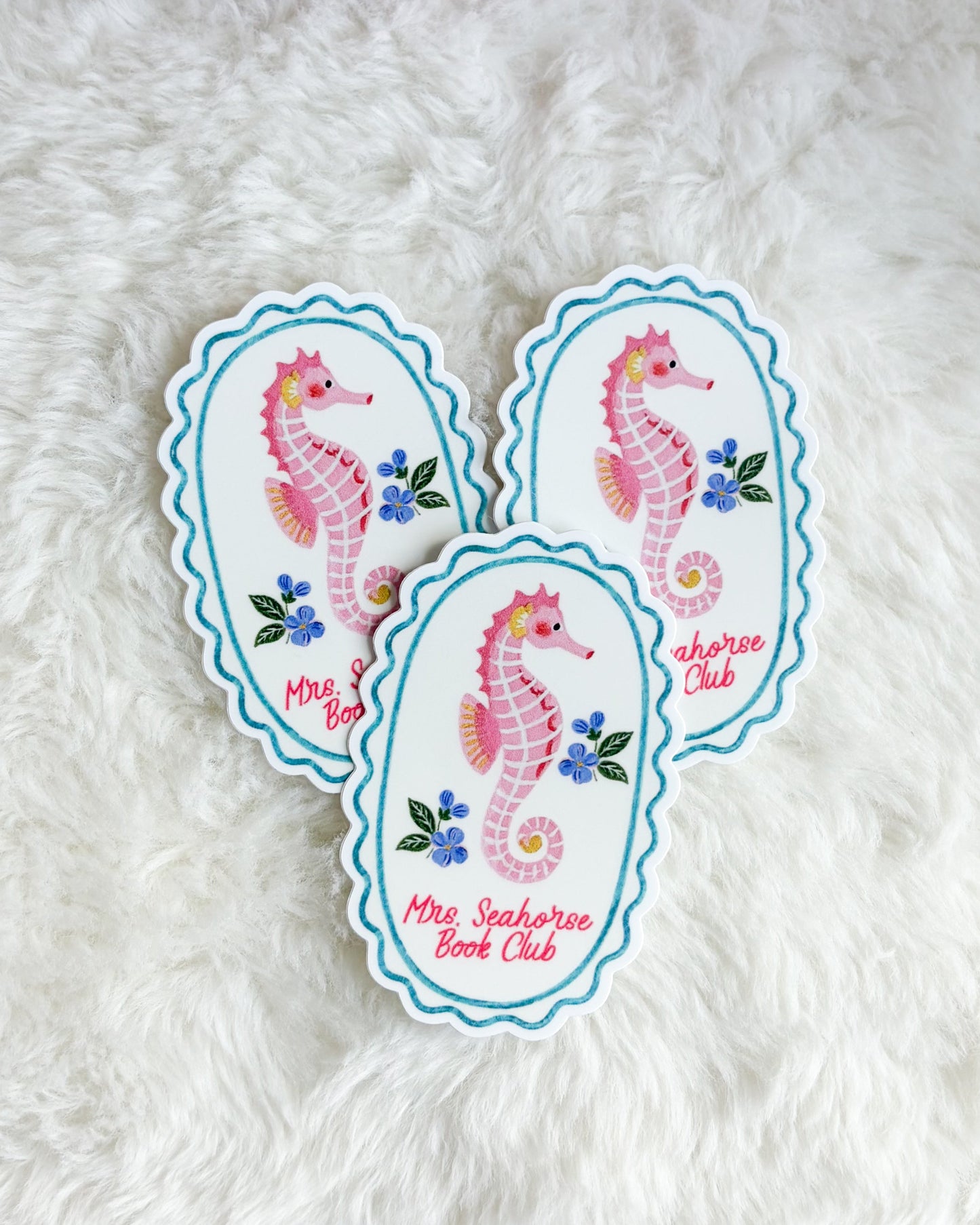Mrs. Seahorse Book Club Sticker - The Bean Workshop - book club sticker, bookish sticker, cottagecore, die cut sticker, e-reader sticker, kindle sticker, seahorse sticker, waterproof sticker