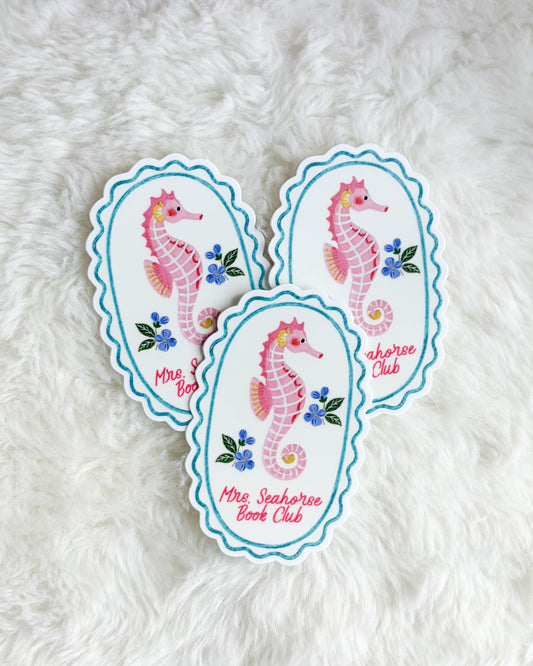 Mrs. Seahorse Book Club Sticker - The Bean Workshop - book club sticker, bookish sticker, cottagecore, die cut sticker, e-reader sticker, kindle sticker, seahorse sticker, waterproof sticker