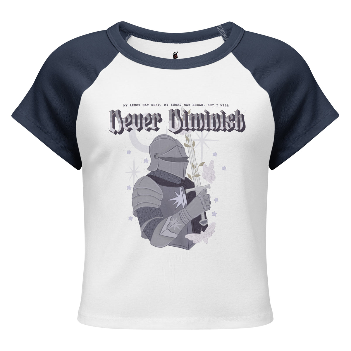 Never Diminish Micro-Rib Raglan Baby Tee - The Bean Workshop - Dark Academia Aesthetic, Empowerment Quote Shirt, Fandom Baby Tee, Fitted Bookish T-Shirt for Fantasy Readers, Fitted Vintage Fandom Tee, Gift for Fantasy Readers, Gothic Fantasy Apparel, Gothic Typography Print, Greyscale Knight Floral Illustration, Micro-Rib Baby Tee, Never Diminish Micro Rib Raglan Baby Tee Shepherd King, Rachel Gillig, The Knight and the Moth
