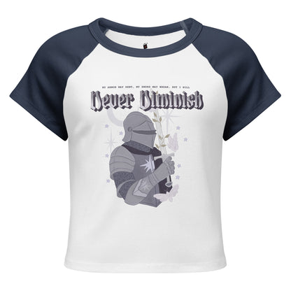 Never Diminish Micro-Rib Raglan Baby Tee - The Bean Workshop - Dark Academia Aesthetic, Empowerment Quote Shirt, Fandom Baby Tee, Fitted Bookish T-Shirt for Fantasy Readers, Fitted Vintage Fandom Tee, Gift for Fantasy Readers, Gothic Fantasy Apparel, Gothic Typography Print, Greyscale Knight Floral Illustration, Micro-Rib Baby Tee, Never Diminish Micro Rib Raglan Baby Tee Shepherd King, Rachel Gillig, The Knight and the Moth