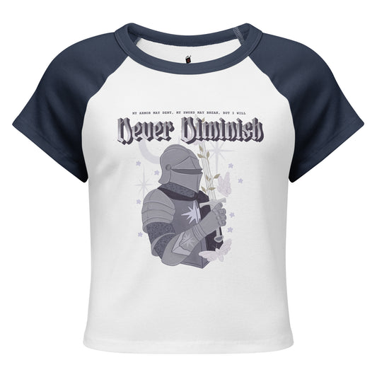 Never Diminish Micro-Rib Raglan Baby Tee - The Bean Workshop - Dark Academia Aesthetic, Empowerment Quote Shirt, Fandom Baby Tee, Fitted Bookish T-Shirt for Fantasy Readers, Fitted Vintage Fandom Tee, Gift for Fantasy Readers, Gothic Fantasy Apparel, Gothic Typography Print, Greyscale Knight Floral Illustration, Micro-Rib Baby Tee, Never Diminish Micro Rib Raglan Baby Tee Shepherd King, Rachel Gillig, The Knight and the Moth