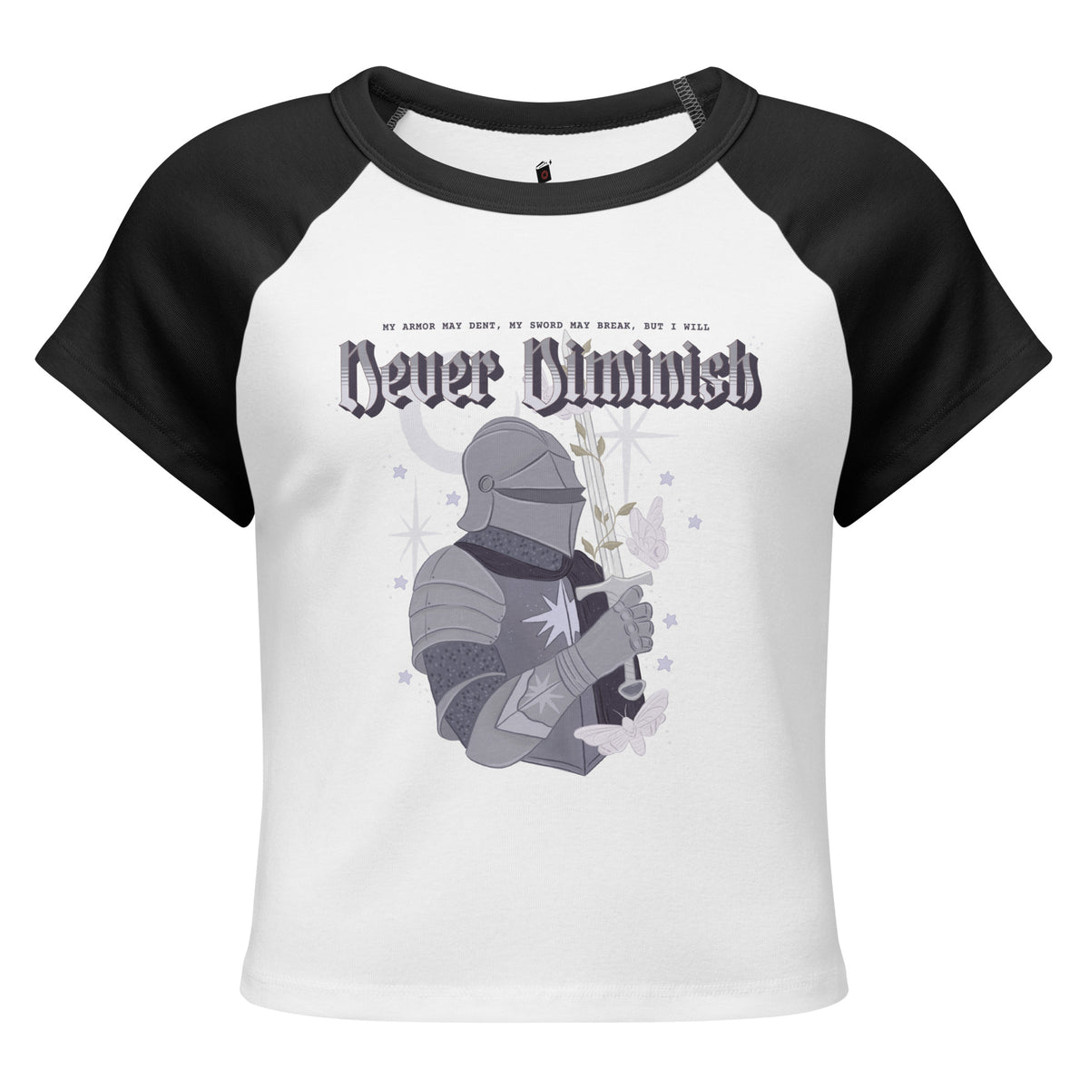 Never Diminish Micro-Rib Raglan Baby Tee - The Bean Workshop - Dark Academia Aesthetic, Empowerment Quote Shirt, Fandom Baby Tee, Fitted Bookish T-Shirt for Fantasy Readers, Fitted Vintage Fandom Tee, Gift for Fantasy Readers, Gothic Fantasy Apparel, Gothic Typography Print, Greyscale Knight Floral Illustration, Micro-Rib Baby Tee, Never Diminish Micro Rib Raglan Baby Tee Shepherd King, Rachel Gillig, The Knight and the Moth