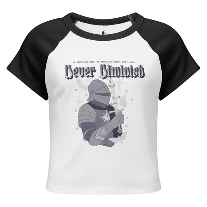 Never Diminish Micro-Rib Raglan Baby Tee - The Bean Workshop - Dark Academia Aesthetic, Empowerment Quote Shirt, Fandom Baby Tee, Fitted Bookish T-Shirt for Fantasy Readers, Fitted Vintage Fandom Tee, Gift for Fantasy Readers, Gothic Fantasy Apparel, Gothic Typography Print, Greyscale Knight Floral Illustration, Micro-Rib Baby Tee, Never Diminish Micro Rib Raglan Baby Tee Shepherd King, Rachel Gillig, The Knight and the Moth