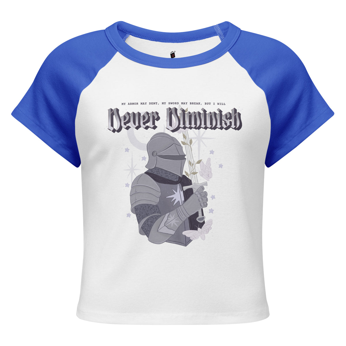 Never Diminish Micro-Rib Raglan Baby Tee - The Bean Workshop - Dark Academia Aesthetic, Empowerment Quote Shirt, Fandom Baby Tee, Fitted Bookish T-Shirt for Fantasy Readers, Fitted Vintage Fandom Tee, Gift for Fantasy Readers, Gothic Fantasy Apparel, Gothic Typography Print, Greyscale Knight Floral Illustration, Micro-Rib Baby Tee, Never Diminish Micro Rib Raglan Baby Tee Shepherd King, Rachel Gillig, The Knight and the Moth