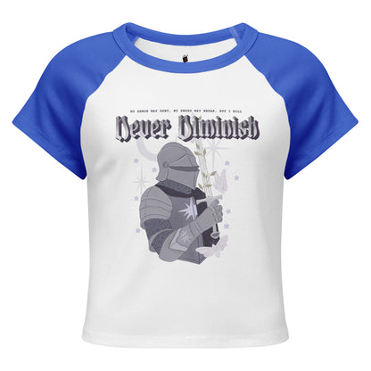 Never Diminish Micro-Rib Raglan Baby Tee - The Bean Workshop - Dark Academia Aesthetic, Empowerment Quote Shirt, Fandom Baby Tee, Fitted Bookish T-Shirt for Fantasy Readers, Fitted Vintage Fandom Tee, Gift for Fantasy Readers, Gothic Fantasy Apparel, Gothic Typography Print, Greyscale Knight Floral Illustration, Micro-Rib Baby Tee, Never Diminish Micro Rib Raglan Baby Tee Shepherd King, Rachel Gillig, The Knight and the Moth