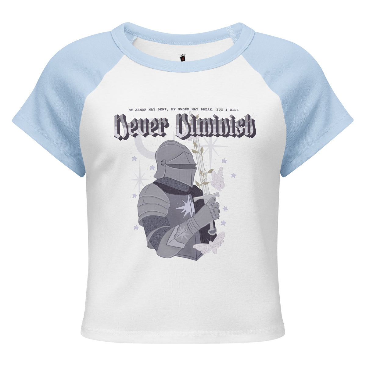 Never Diminish Micro-Rib Raglan Baby Tee - The Bean Workshop - Dark Academia Aesthetic, Empowerment Quote Shirt, Fandom Baby Tee, Fitted Bookish T-Shirt for Fantasy Readers, Fitted Vintage Fandom Tee, Gift for Fantasy Readers, Gothic Fantasy Apparel, Gothic Typography Print, Greyscale Knight Floral Illustration, Micro-Rib Baby Tee, Never Diminish Micro Rib Raglan Baby Tee Shepherd King, Rachel Gillig, The Knight and the Moth
