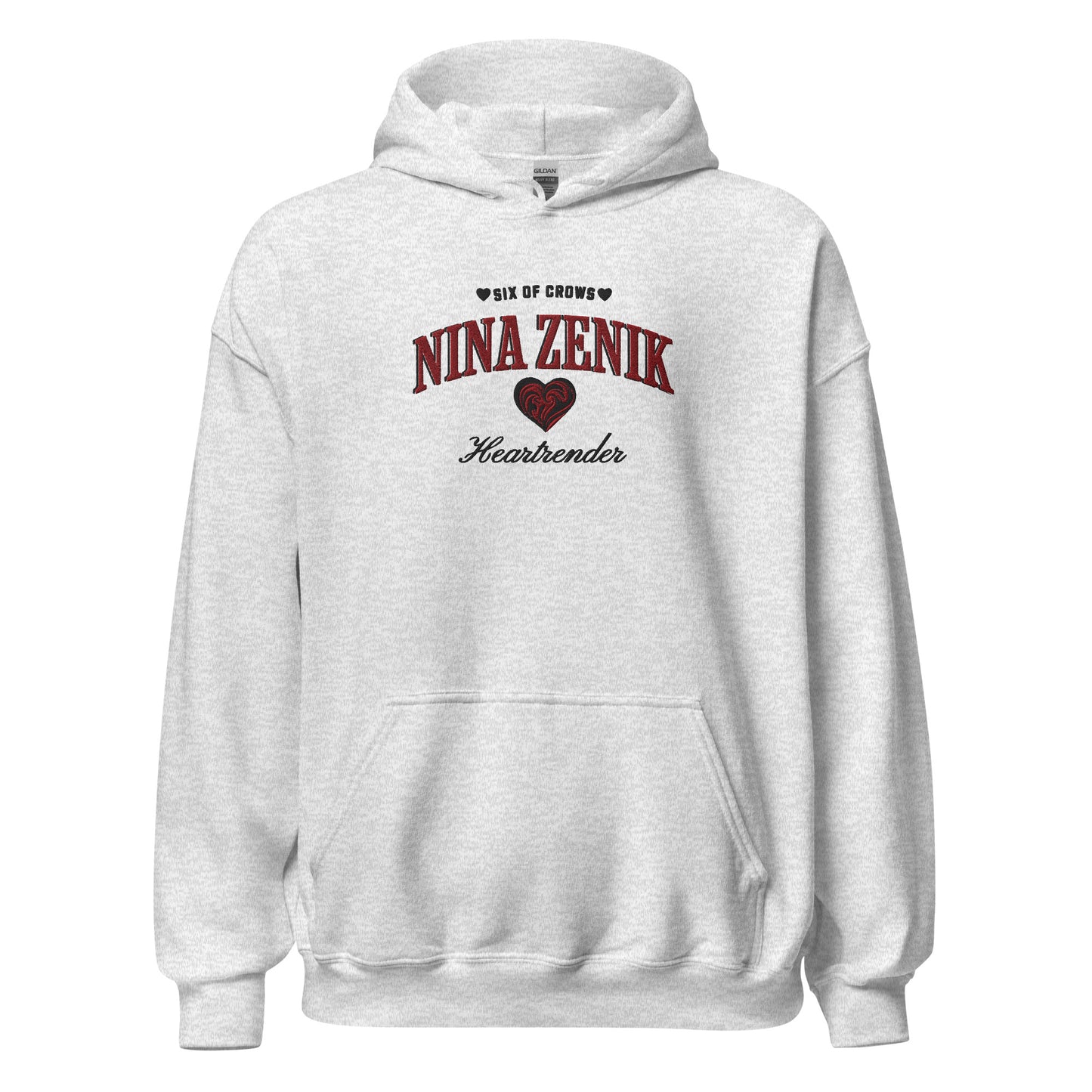 Nina Zenik Embroidered Hoodie - The Bean Workshop - Bookworm Hoodie, Fandom Apparel, Fantasy Character, Grisha Power, Grishaverse gift, Heart Design, Heartrender fan merchandise, Helnik, Leigh Bardugo fan apparel for readers, Literary Streetwear, Nina Zenik embroidered hoodie, Six of Crows hooded sweatshirt, The Dregs apparel