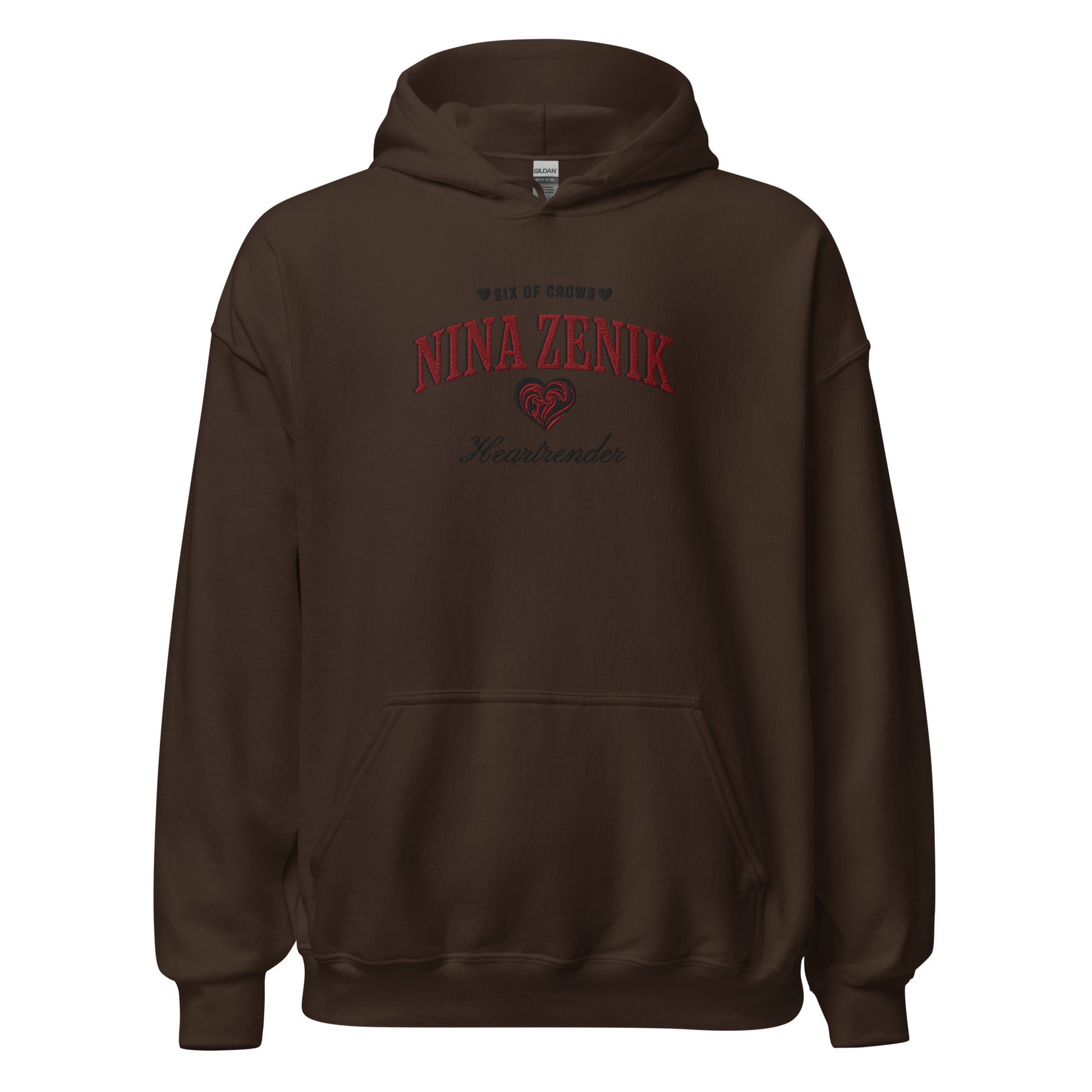 Nina Zenik Embroidered Hoodie - The Bean Workshop - Bookworm Hoodie, Fandom Apparel, Fantasy Character, Grisha Power, Grishaverse gift, Heart Design, Heartrender fan merchandise, Helnik, Leigh Bardugo fan apparel for readers, Literary Streetwear, Nina Zenik embroidered hoodie, Six of Crows hooded sweatshirt, The Dregs apparel