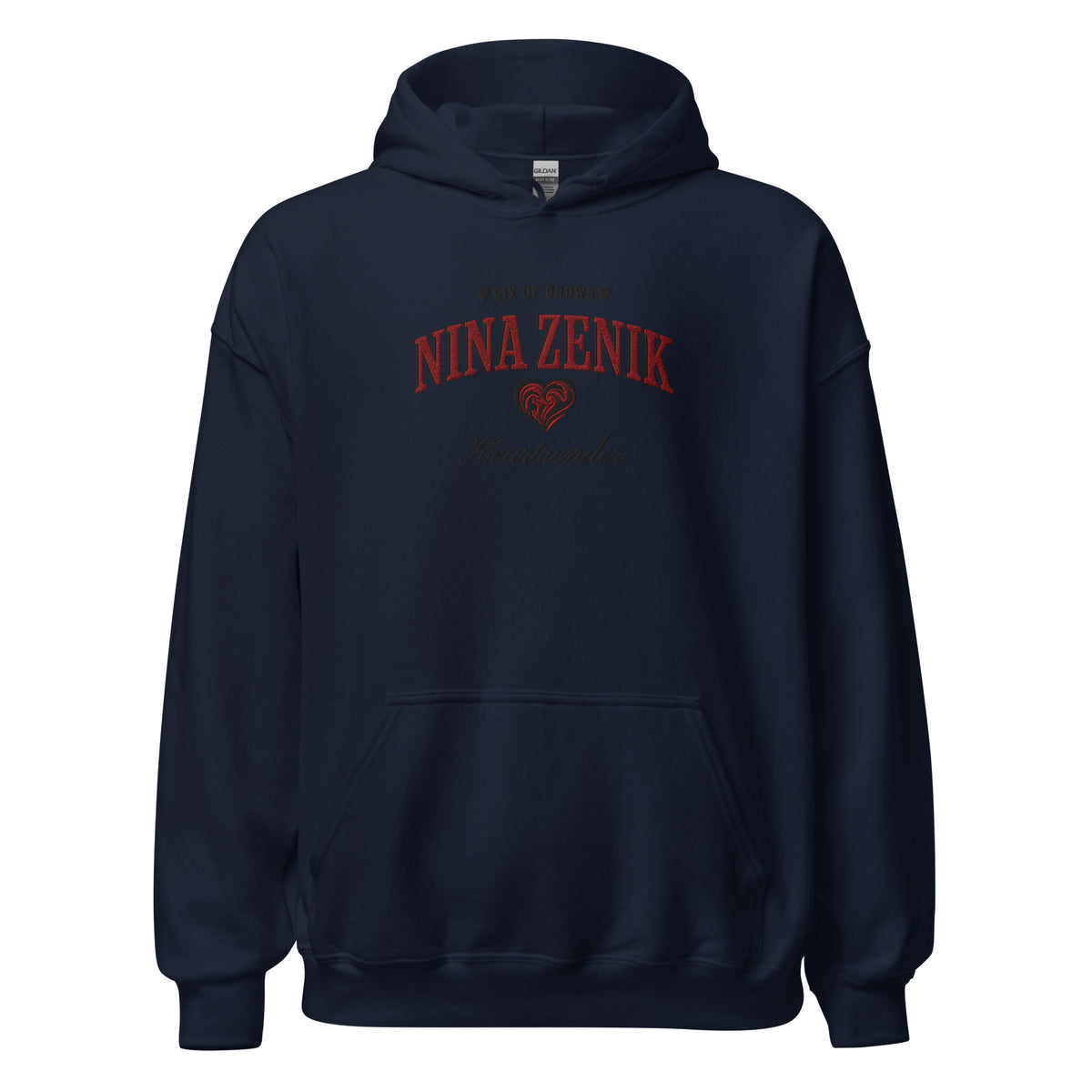 Nina Zenik Embroidered Hoodie - The Bean Workshop - Bookworm Hoodie, Fandom Apparel, Fantasy Character, Grisha Power, Grishaverse gift, Heart Design, Heartrender fan merchandise, Helnik, Leigh Bardugo fan apparel for readers, Literary Streetwear, Nina Zenik embroidered hoodie, Six of Crows hooded sweatshirt, The Dregs apparel