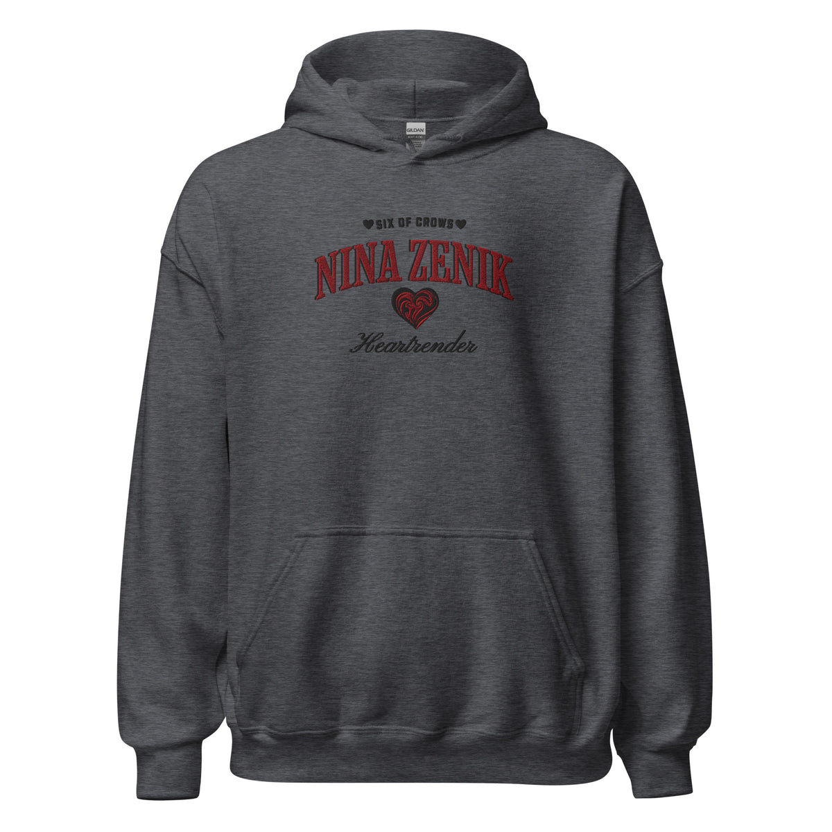 Nina Zenik Embroidered Hoodie - The Bean Workshop - Bookworm Hoodie, Fandom Apparel, Fantasy Character, Grisha Power, Grishaverse gift, Heart Design, Heartrender fan merchandise, Helnik, Leigh Bardugo fan apparel for readers, Literary Streetwear, Nina Zenik embroidered hoodie, Six of Crows hooded sweatshirt, The Dregs apparel