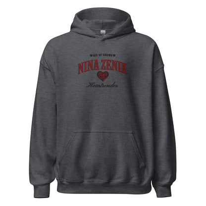 Nina Zenik Embroidered Hoodie - The Bean Workshop - Bookworm Hoodie, Fandom Apparel, Fantasy Character, Grisha Power, Grishaverse gift, Heart Design, Heartrender fan merchandise, Helnik, Leigh Bardugo fan apparel for readers, Literary Streetwear, Nina Zenik embroidered hoodie, Six of Crows hooded sweatshirt, The Dregs apparel